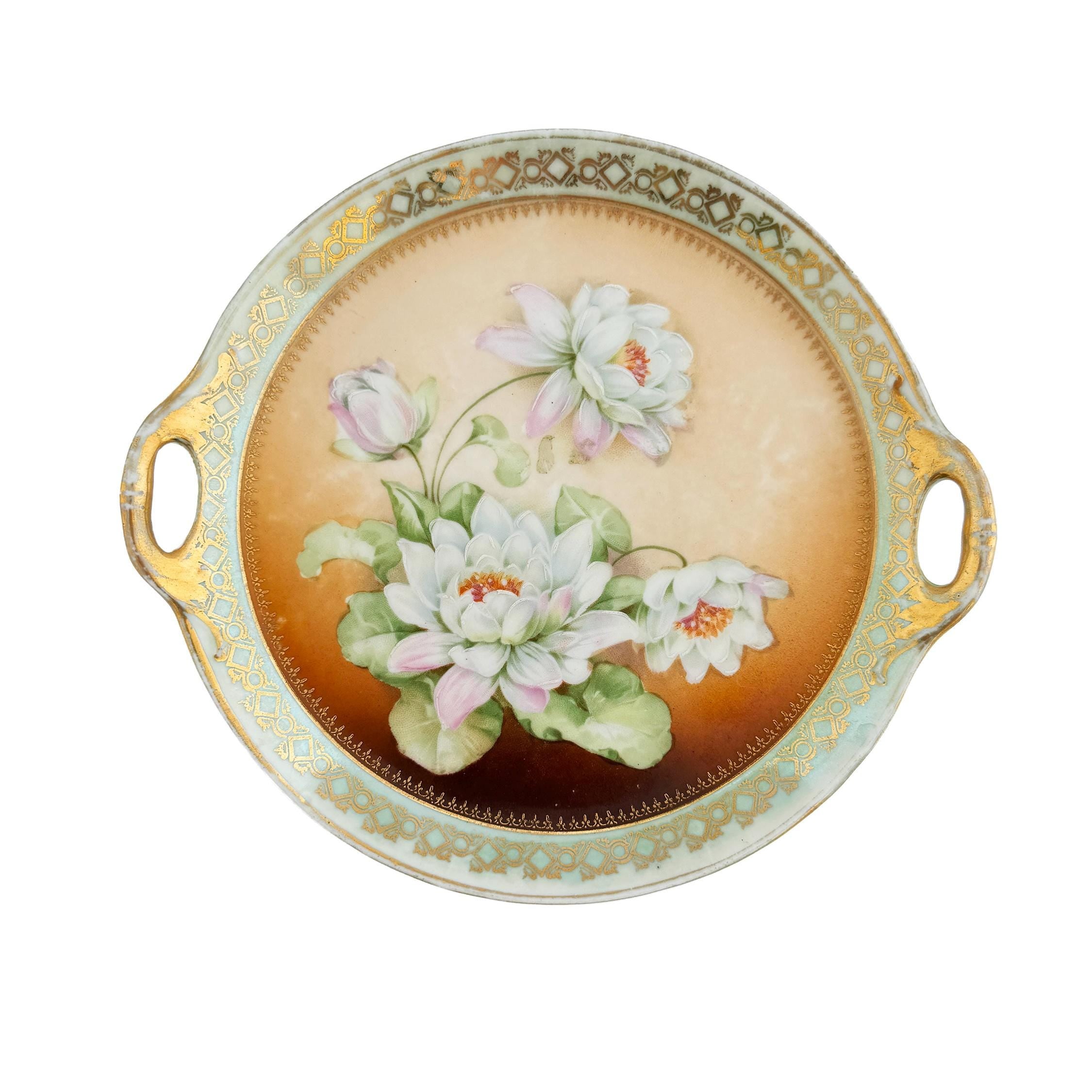 Hand Painted Water Lily Porcelain Handled Cake Plate 8" | Made in Germany | Antique Floral China