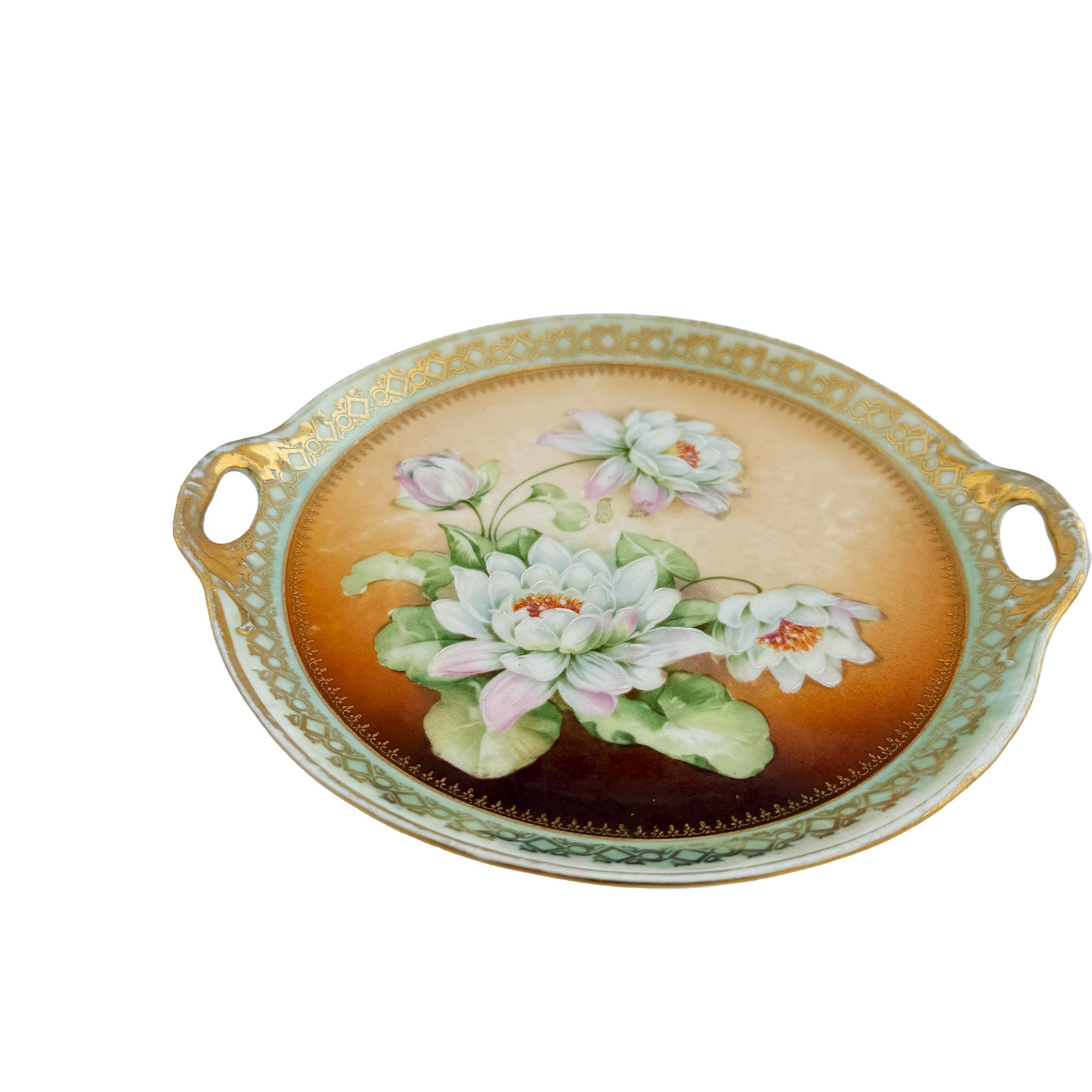 Hand Painted Water Lily Porcelain Handled Cake Plate 8" | Made in Germany | Antique Floral China