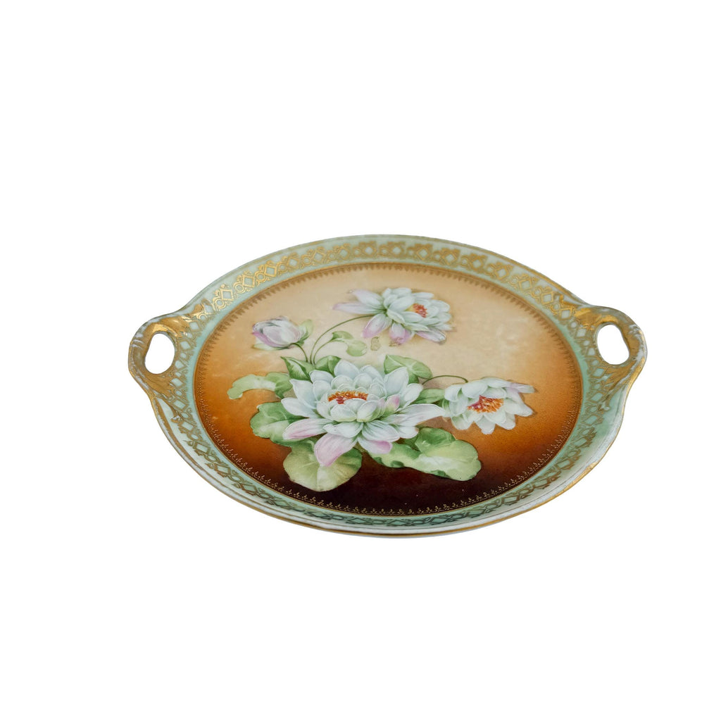 Hand Painted Water Lily Porcelain Handled Cake Plate 8" | Made in Germany | Antique Floral China