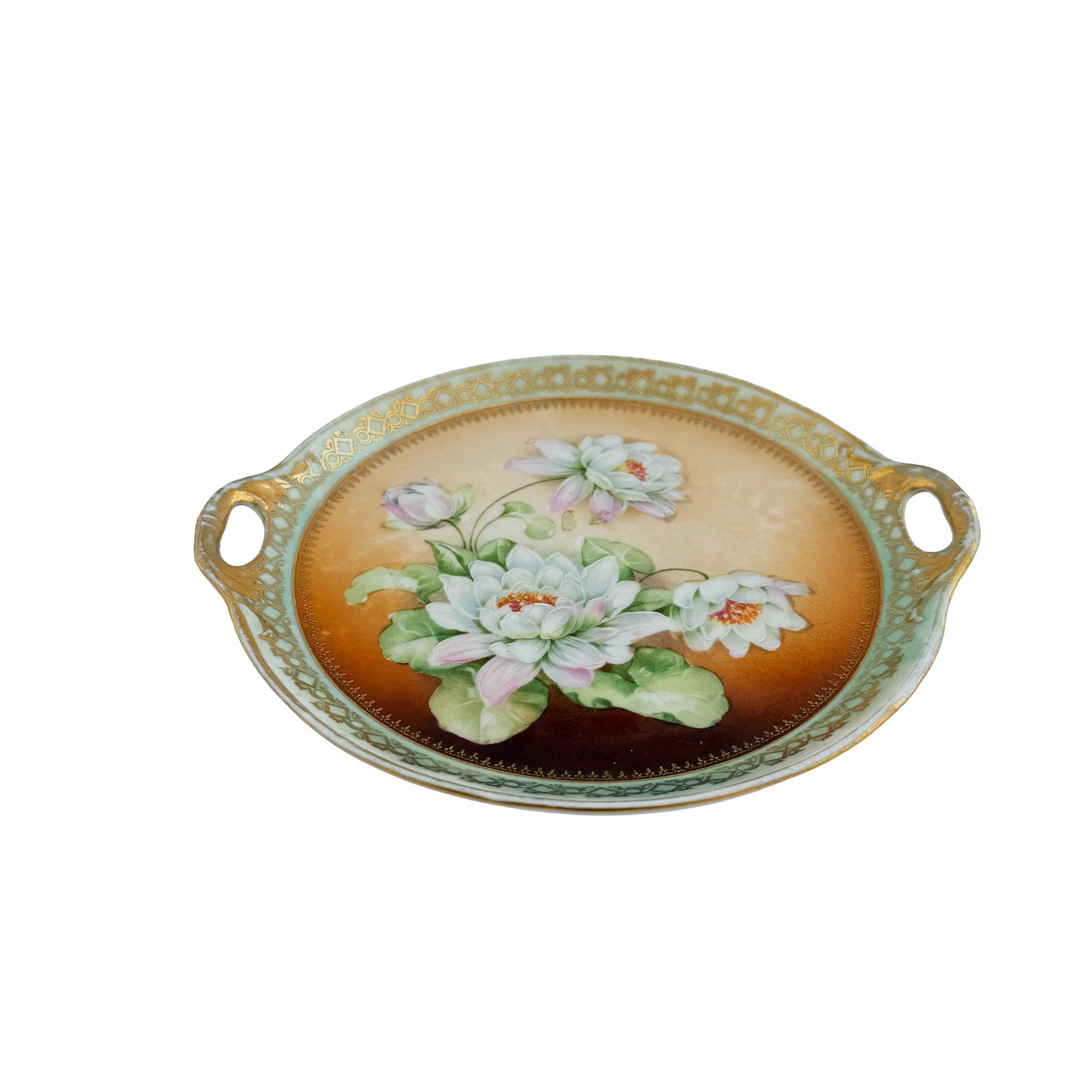 Hand Painted Water Lily Porcelain Handled Cake Plate 8" | Made in Germany | Antique Floral China