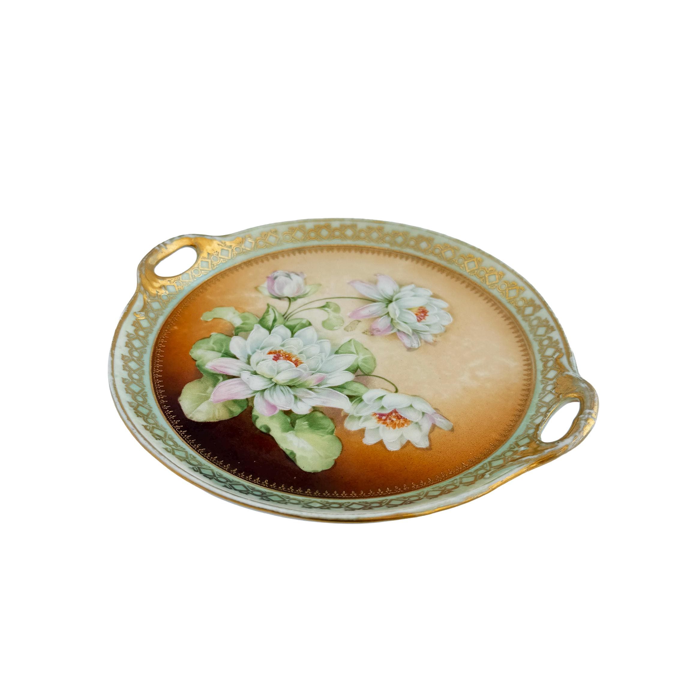 Hand Painted Water Lily Porcelain Handled Cake Plate 8" | Made in Germany | Antique Floral China