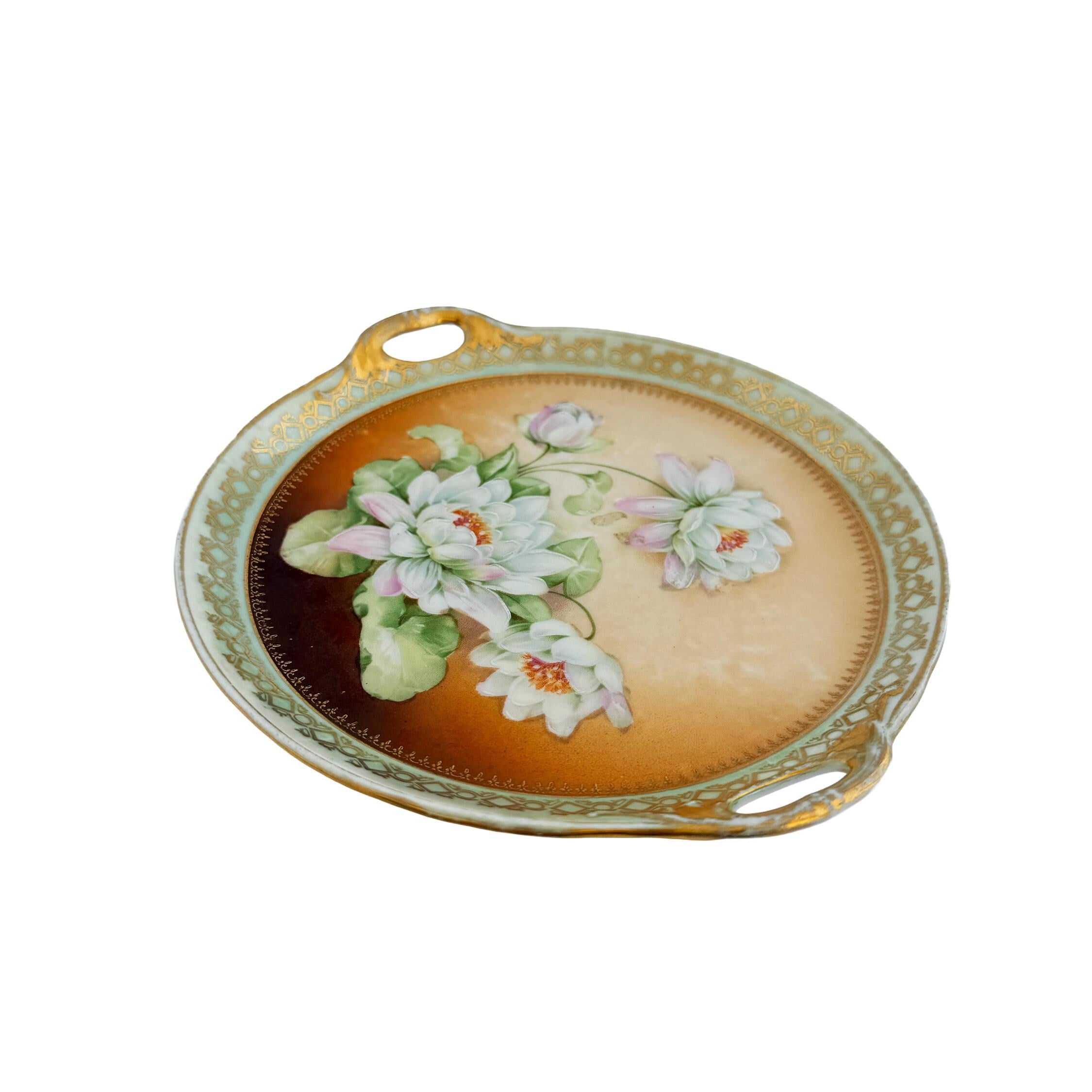 Hand Painted Water Lily Porcelain Handled Cake Plate 8" | Made in Germany | Antique Floral China