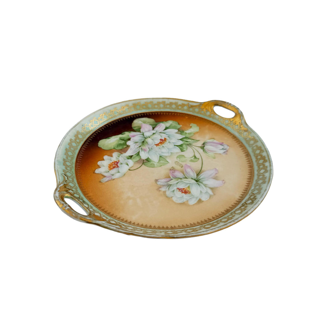 Hand Painted Water Lily Porcelain Handled Cake Plate 8" | Made in Germany | Antique Floral China