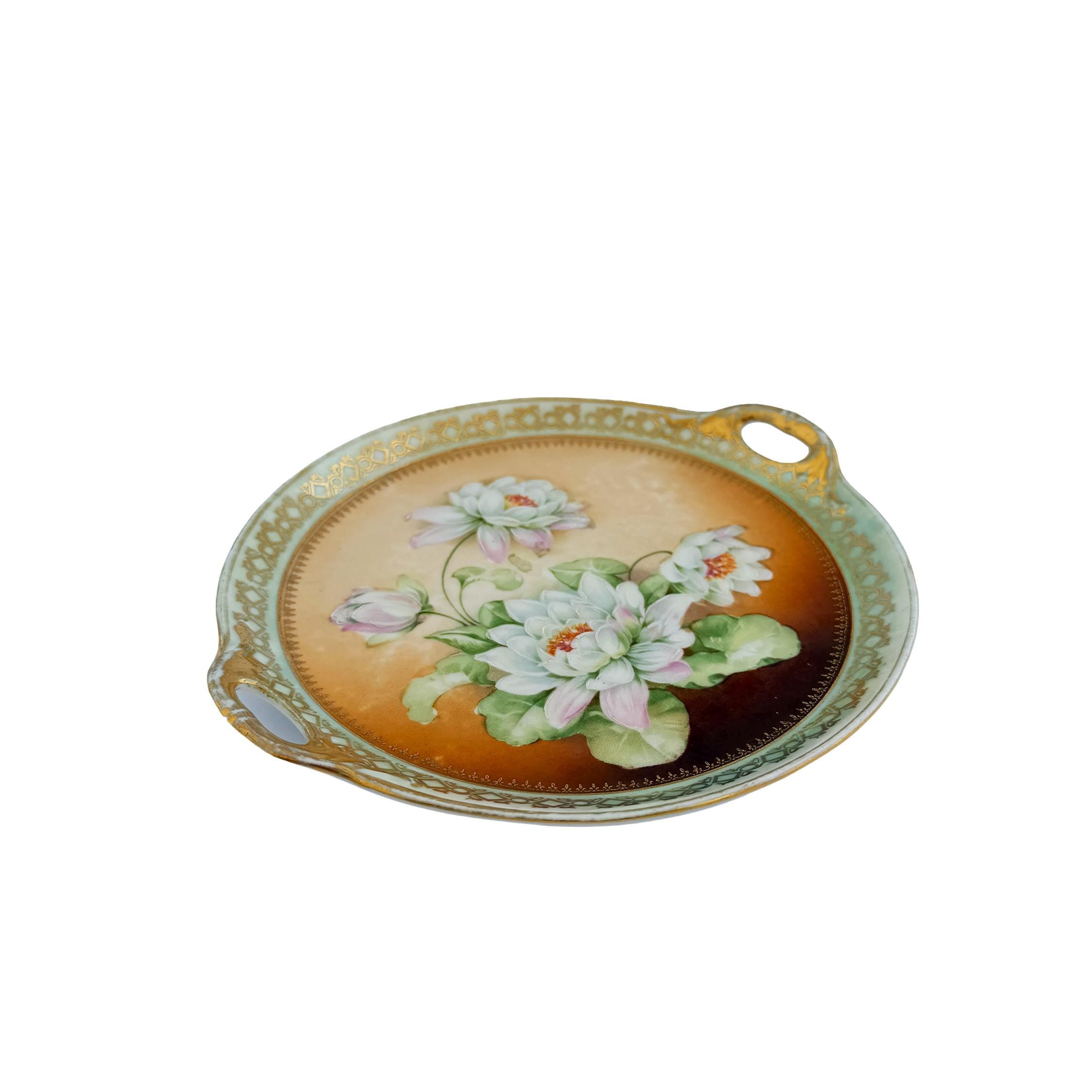 Hand Painted Water Lily Porcelain Handled Cake Plate 8" | Made in Germany | Antique Floral China