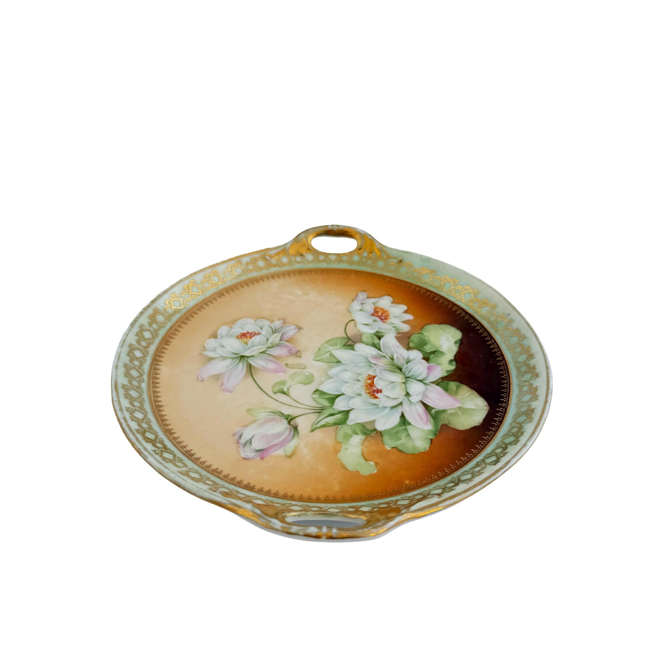 Hand Painted Water Lily Porcelain Handled Cake Plate 8" | Made in Germany | Antique Floral China