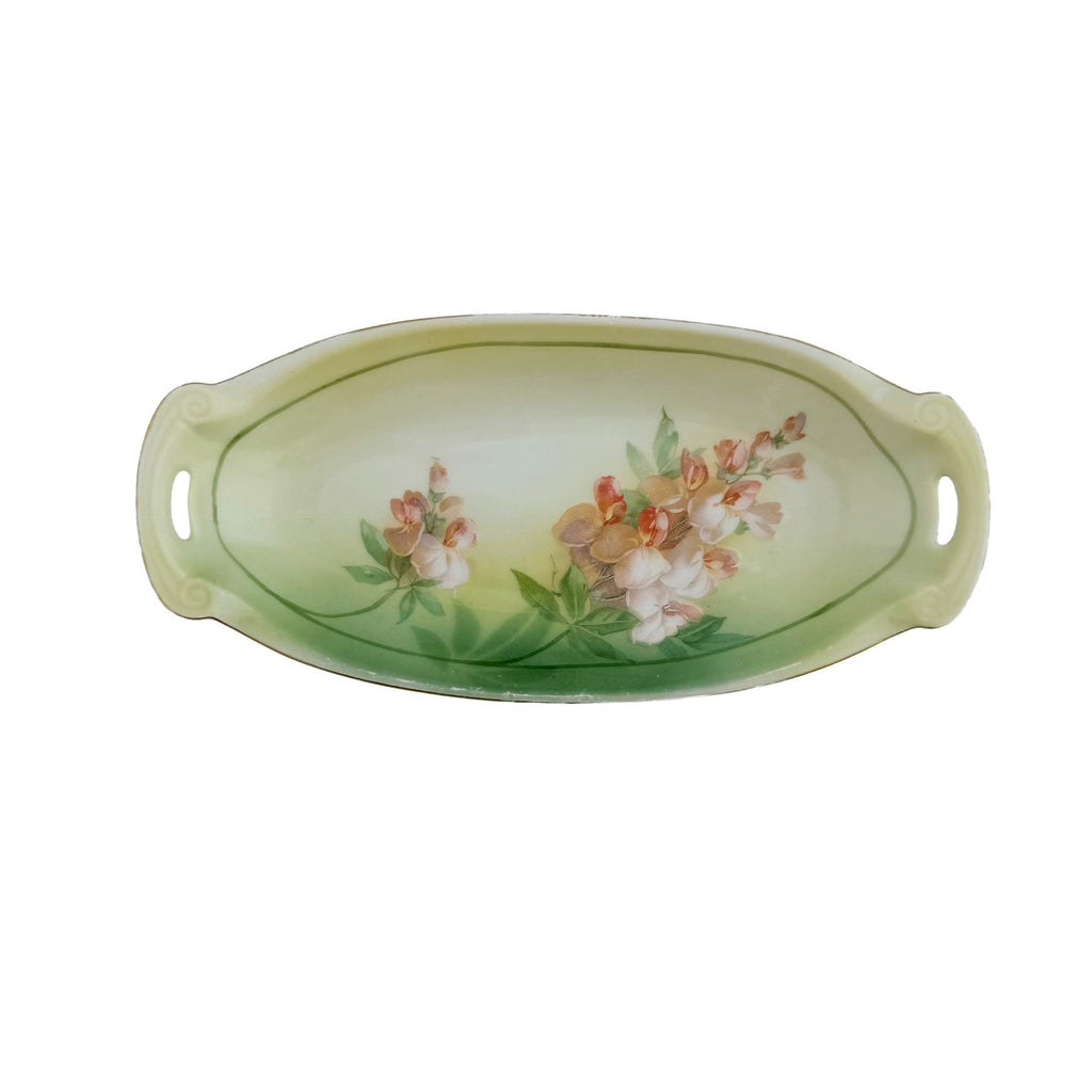 Antique RS Tillowitz Silesia Porcelain Handled Tray 8.5" | Art Nouveau Green Floral | Collector Piece