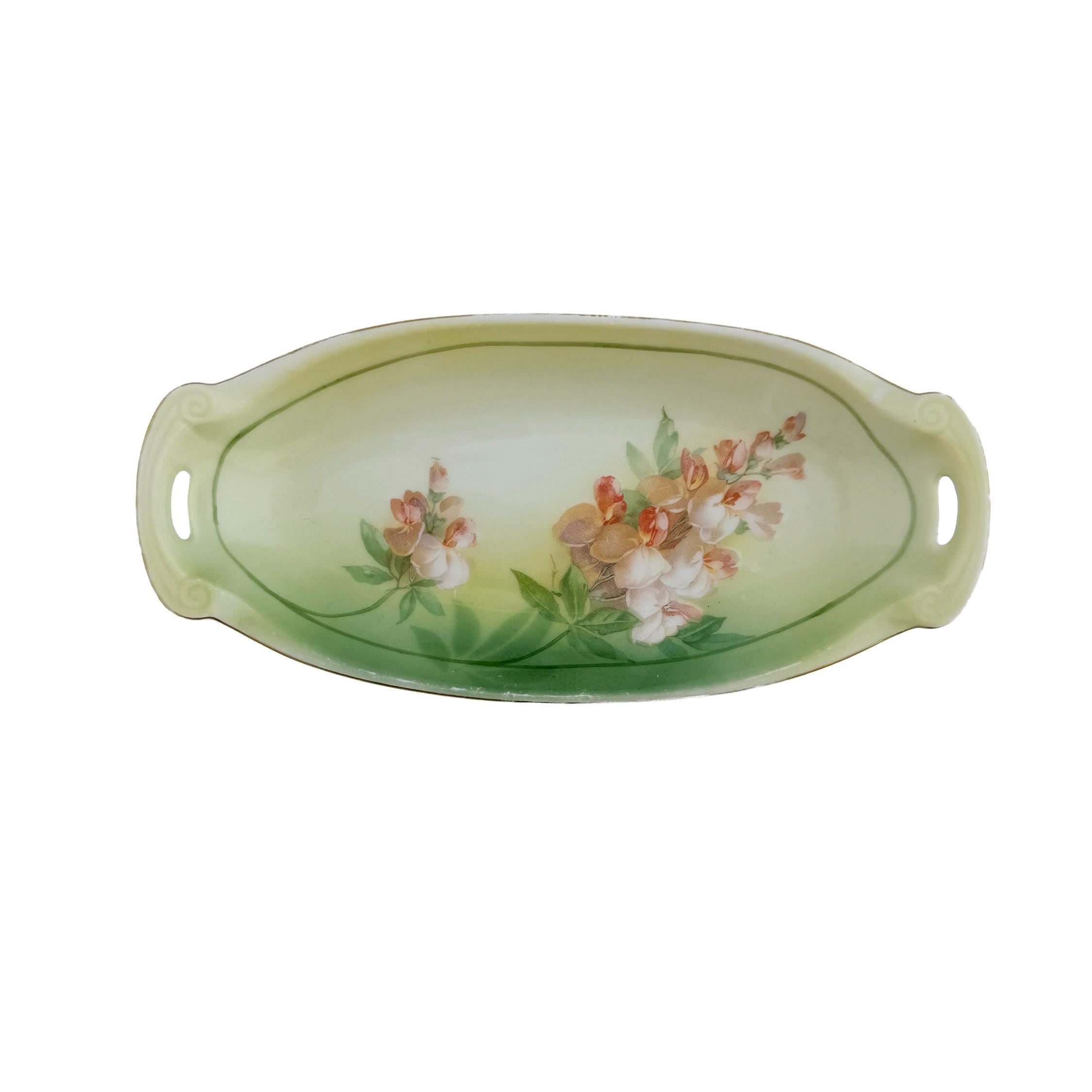 Antique RS Tillowitz Silesia Porcelain Handled Tray 8.5" | Art Nouveau Green Floral | Collector Piece