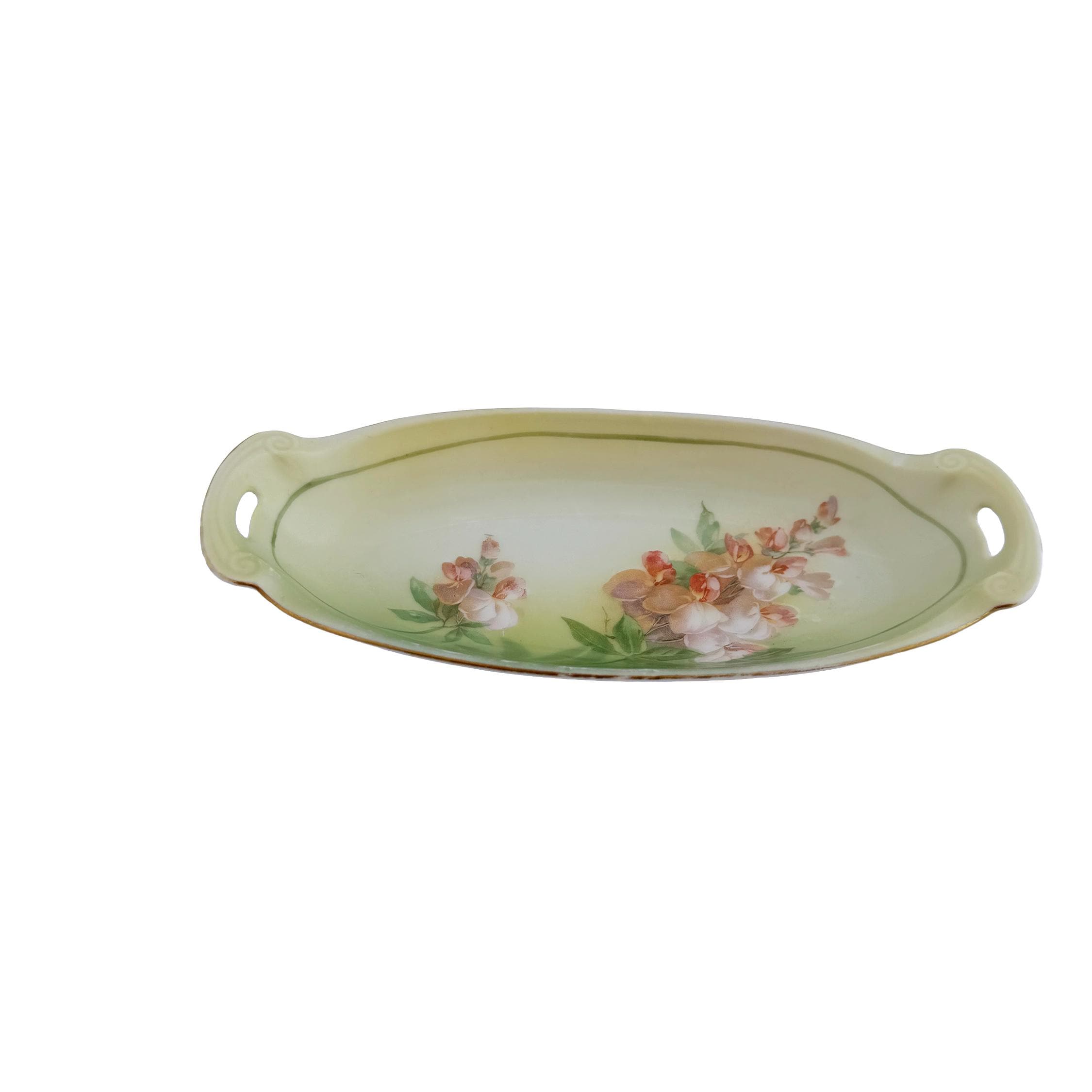 Antique RS Tillowitz Silesia Porcelain Handled Tray 8.5" | Art Nouveau Green Floral | Collector Piece