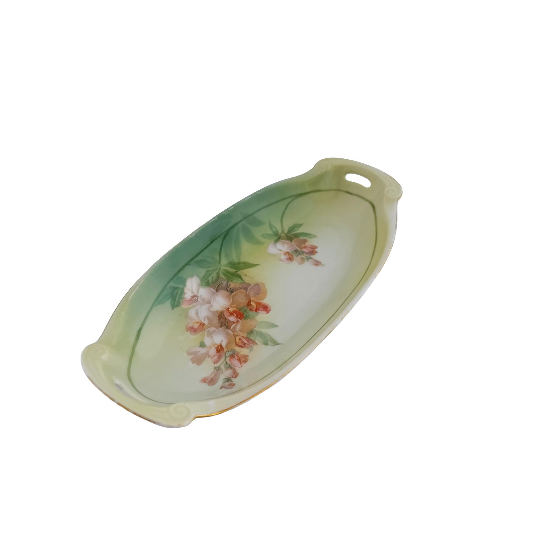 Antique RS Tillowitz Silesia Porcelain Handled Tray 8.5" | Art Nouveau Green Floral | Collector Piece