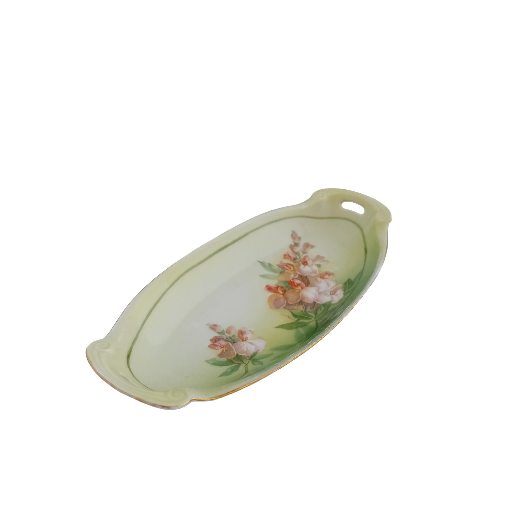 Antique RS Tillowitz Silesia Porcelain Handled Tray 8.5" | Art Nouveau Green Floral | Collector Piece