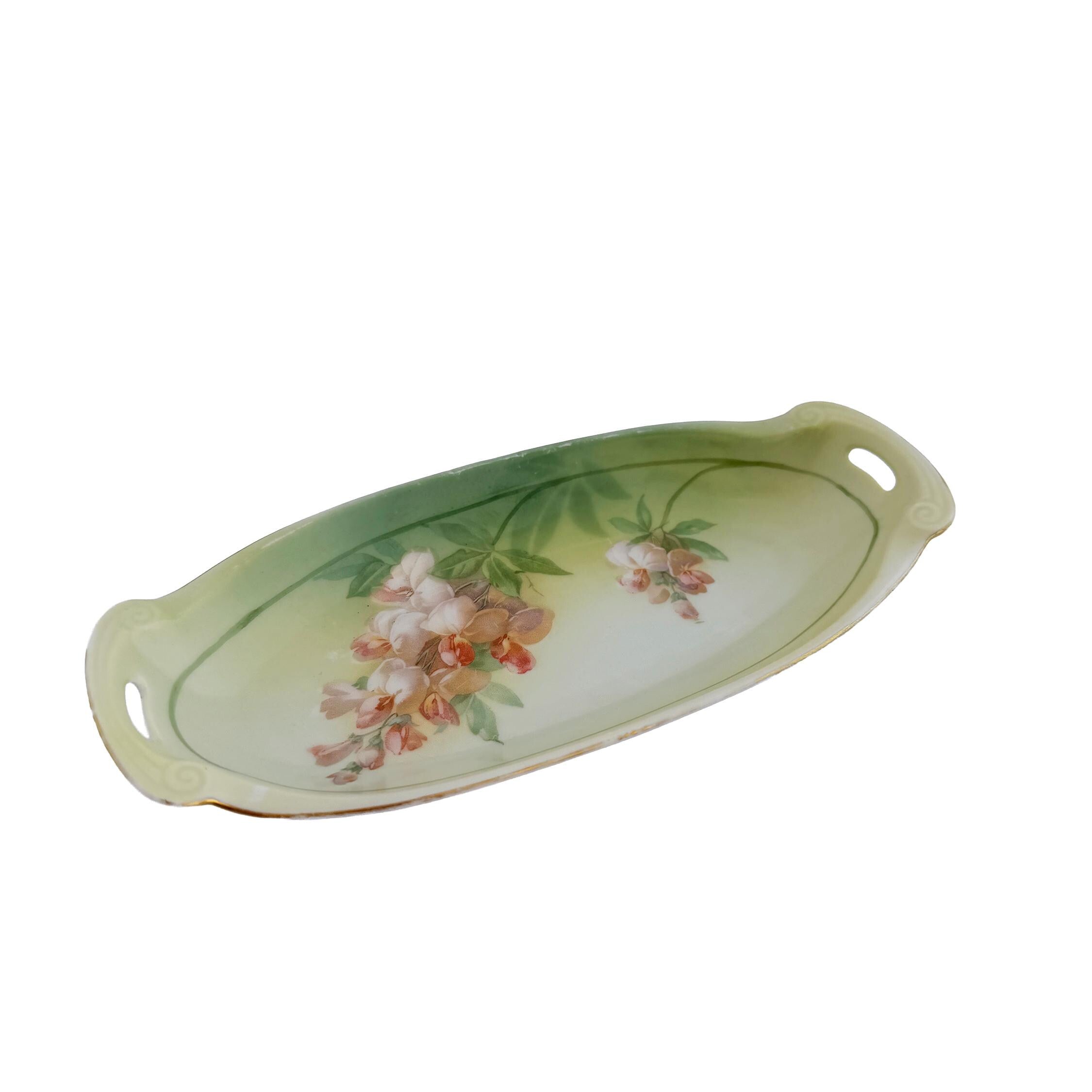 Antique RS Tillowitz Silesia Porcelain Handled Tray 8.5" | Art Nouveau Green Floral | Collector Piece