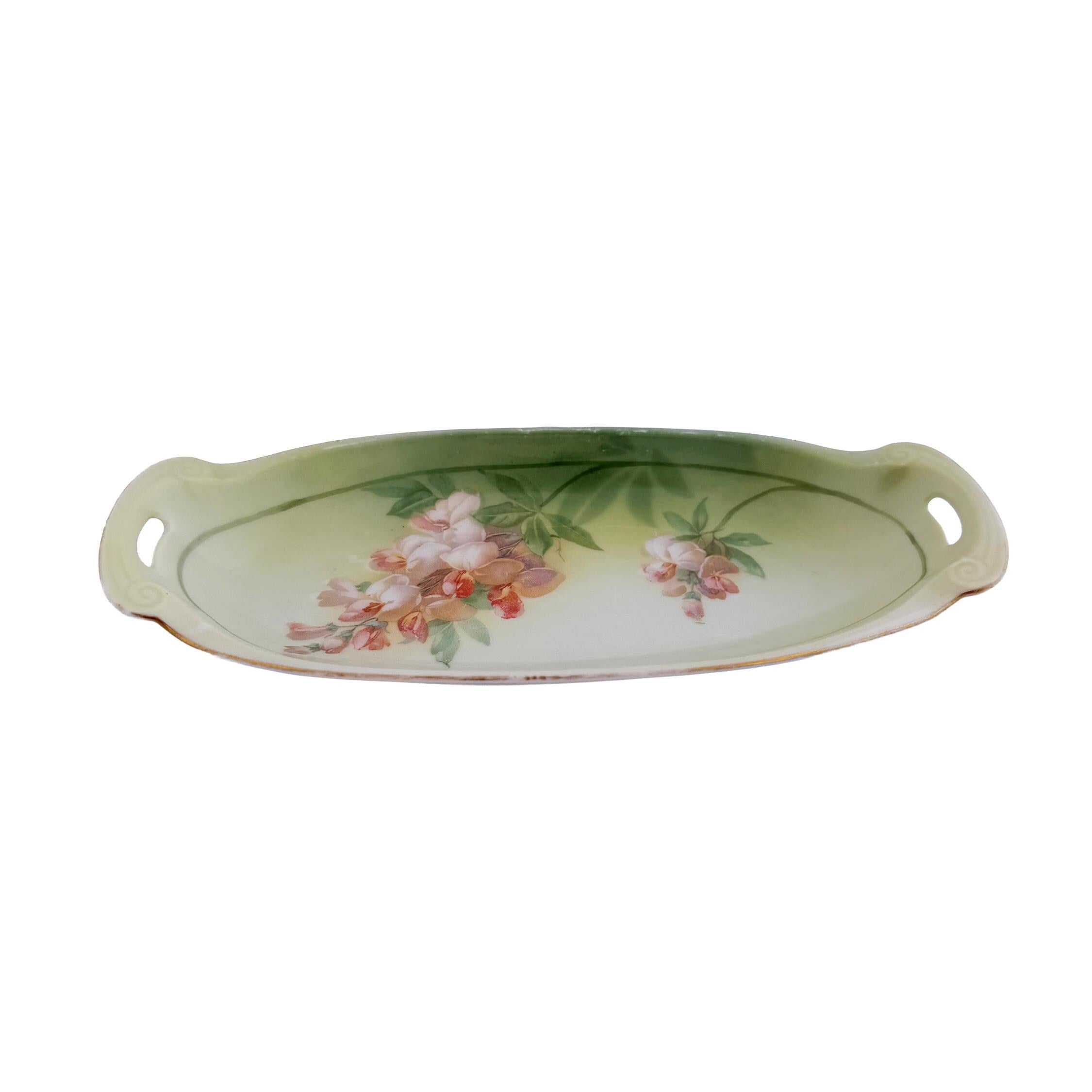 Antique RS Tillowitz Silesia Porcelain Handled Tray 8.5" | Art Nouveau Green Floral | Collector Piece