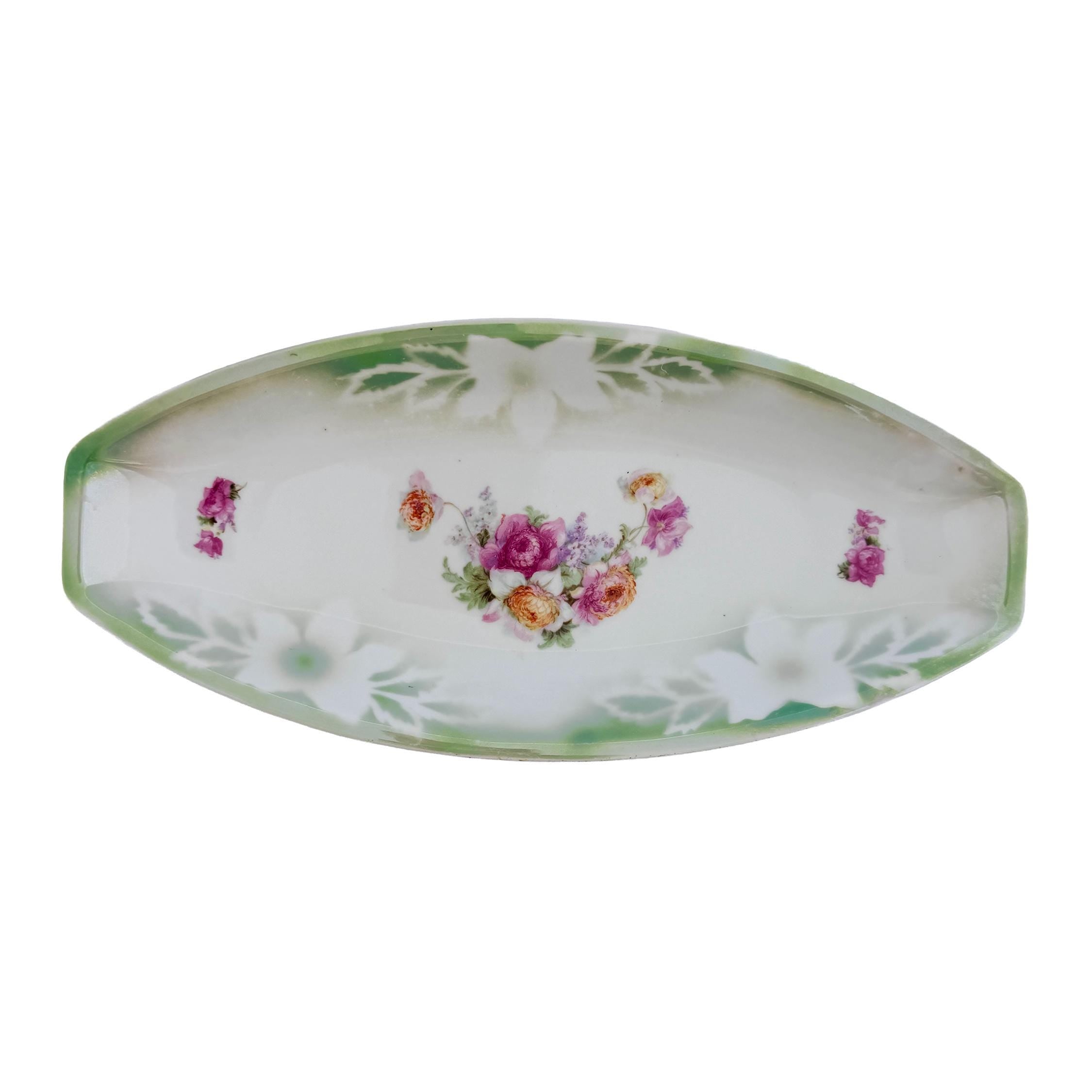 Vintage PK Unity Germany Green Floral Porcelain Serving Tray 11.5" | Antique Entertaining Decor