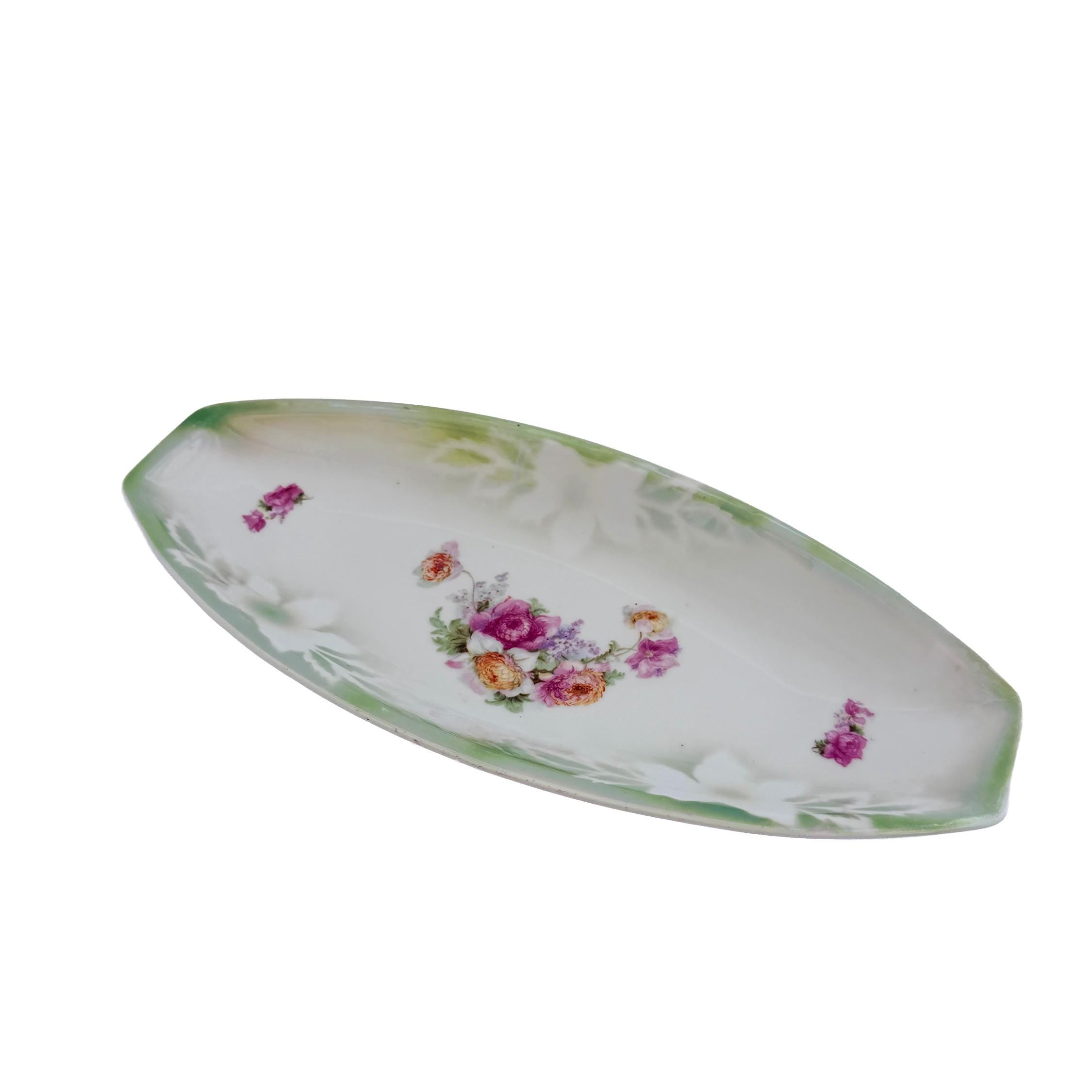 Vintage PK Unity Germany Green Floral Porcelain Serving Tray 11.5" | Antique Entertaining Decor