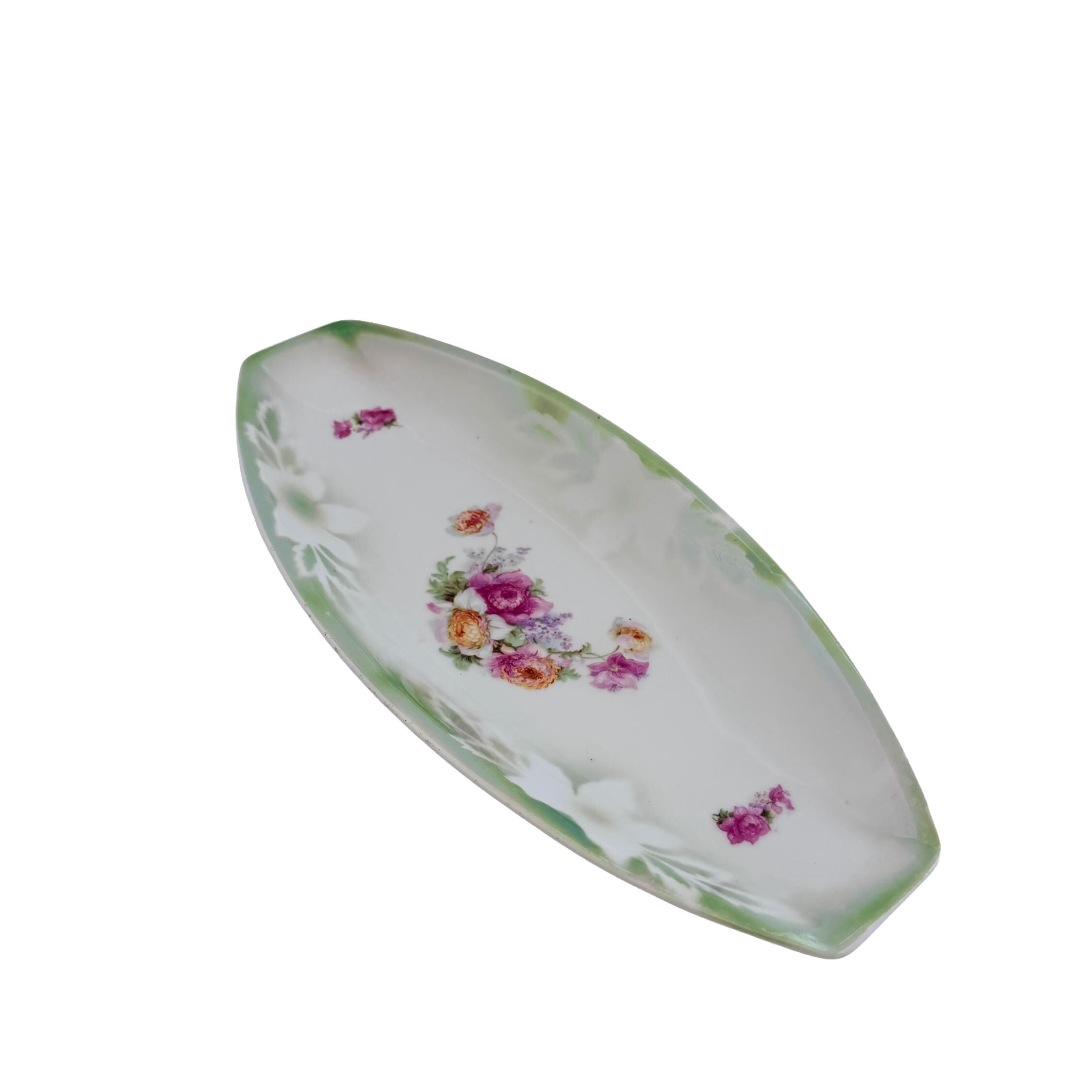 Vintage PK Unity Germany Green Floral Porcelain Serving Tray 11.5" | Antique Entertaining Decor