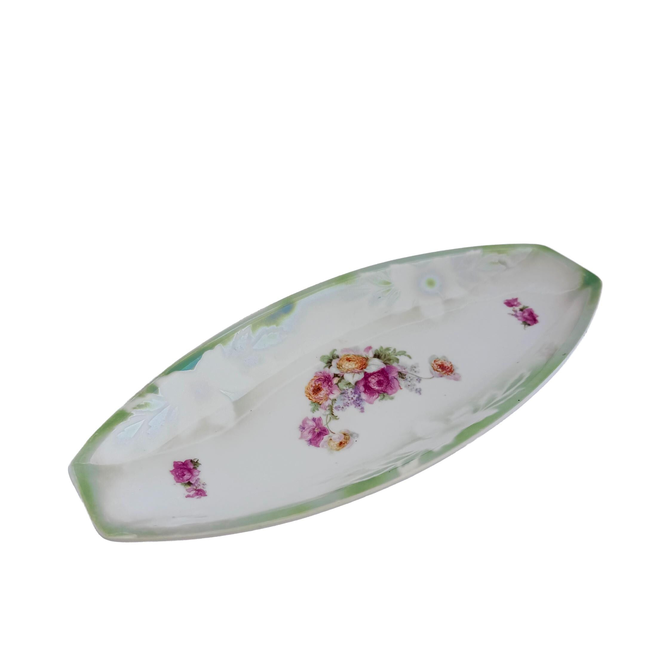 Vintage PK Unity Germany Green Floral Porcelain Serving Tray 11.5" | Antique Entertaining Decor