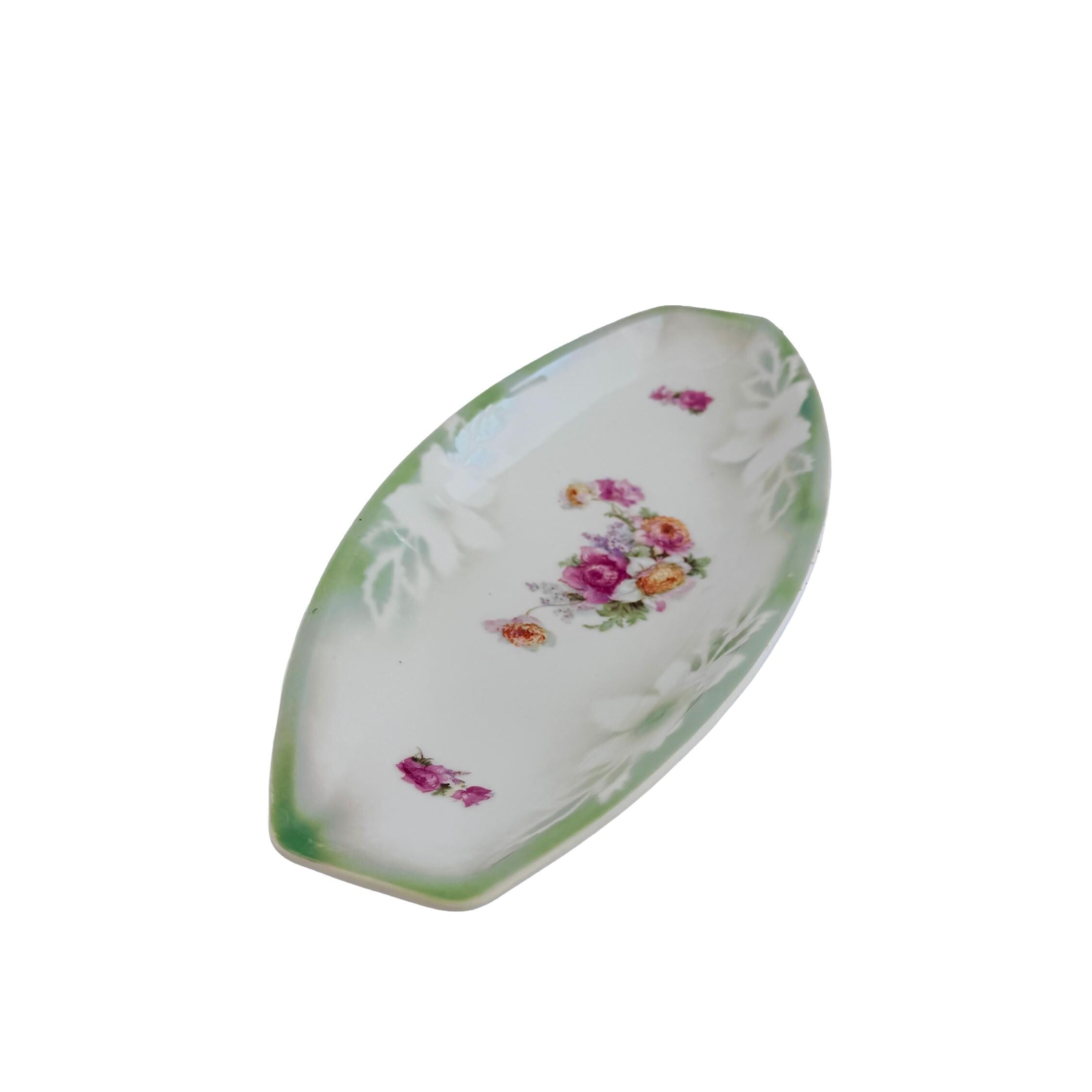 Vintage PK Unity Germany Green Floral Porcelain Serving Tray 11.5" | Antique Entertaining Decor