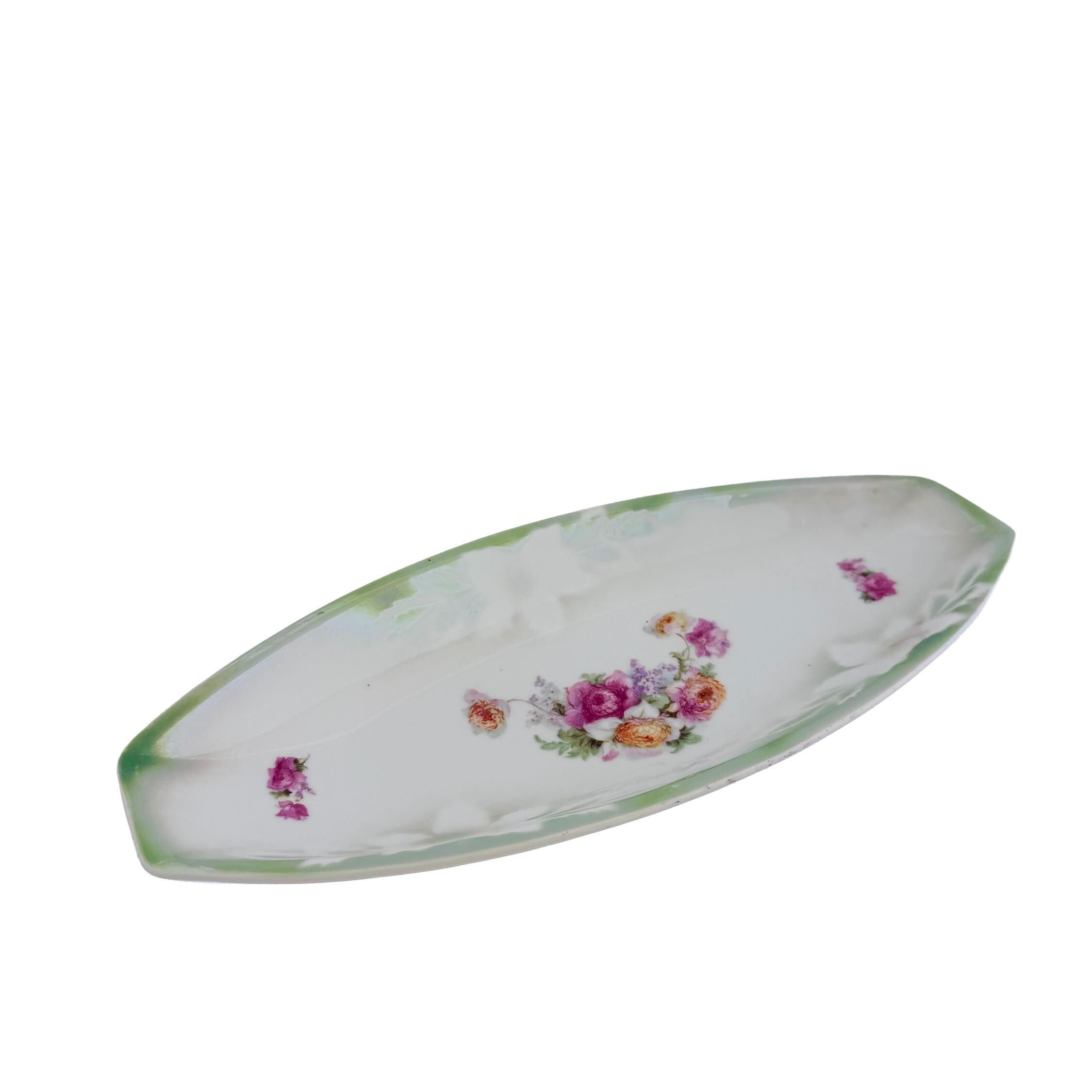 Vintage PK Unity Germany Green Floral Porcelain Serving Tray 11.5" | Antique Entertaining Decor
