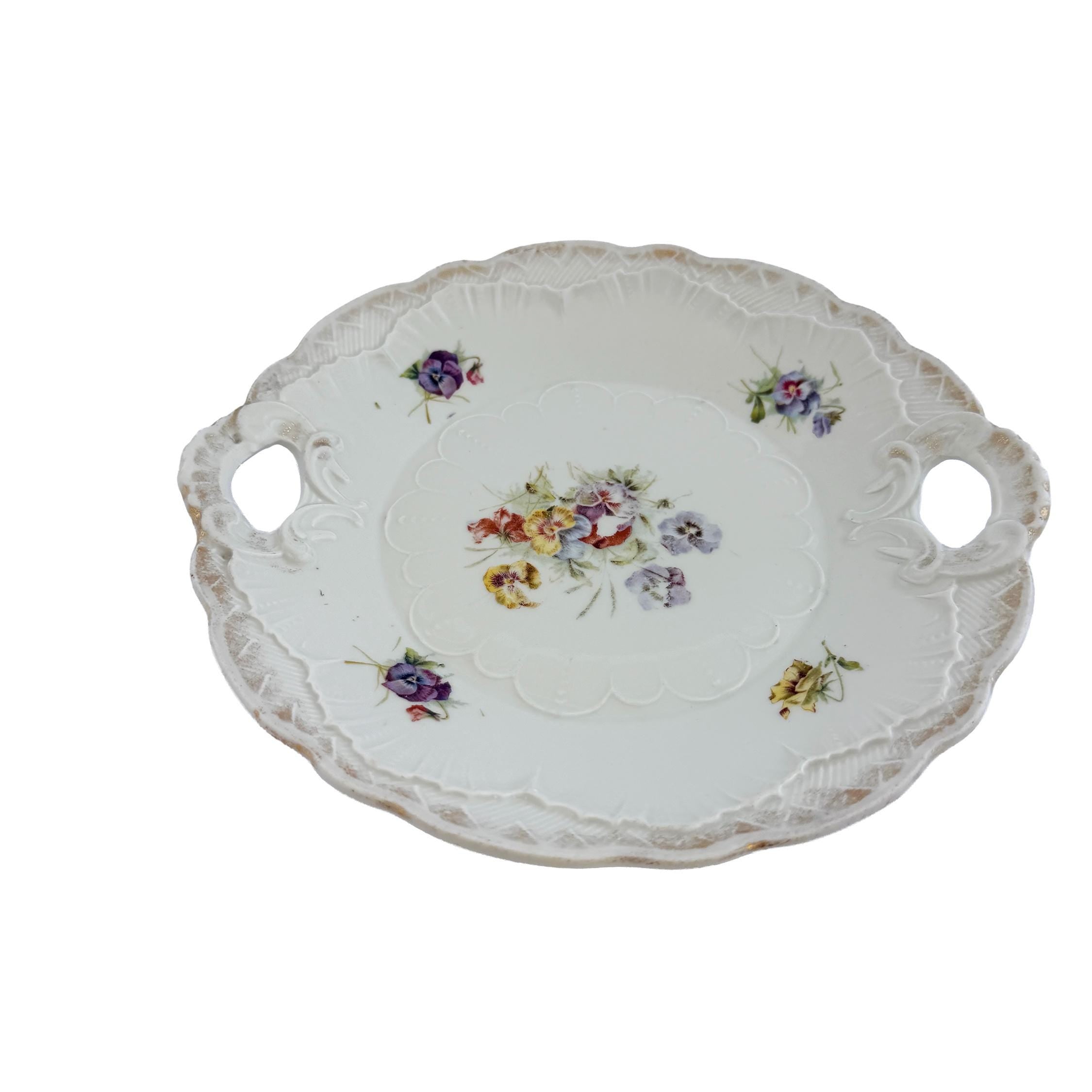 Antique White Floral Porcelain Handled Cake Plate 9" | Early 20th Century | Cottagecore Decor