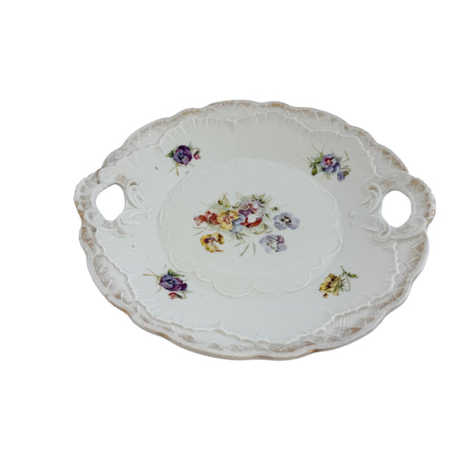 Antique White Floral Porcelain Handled Cake Plate 9" | Early 20th Century | Cottagecore Decor