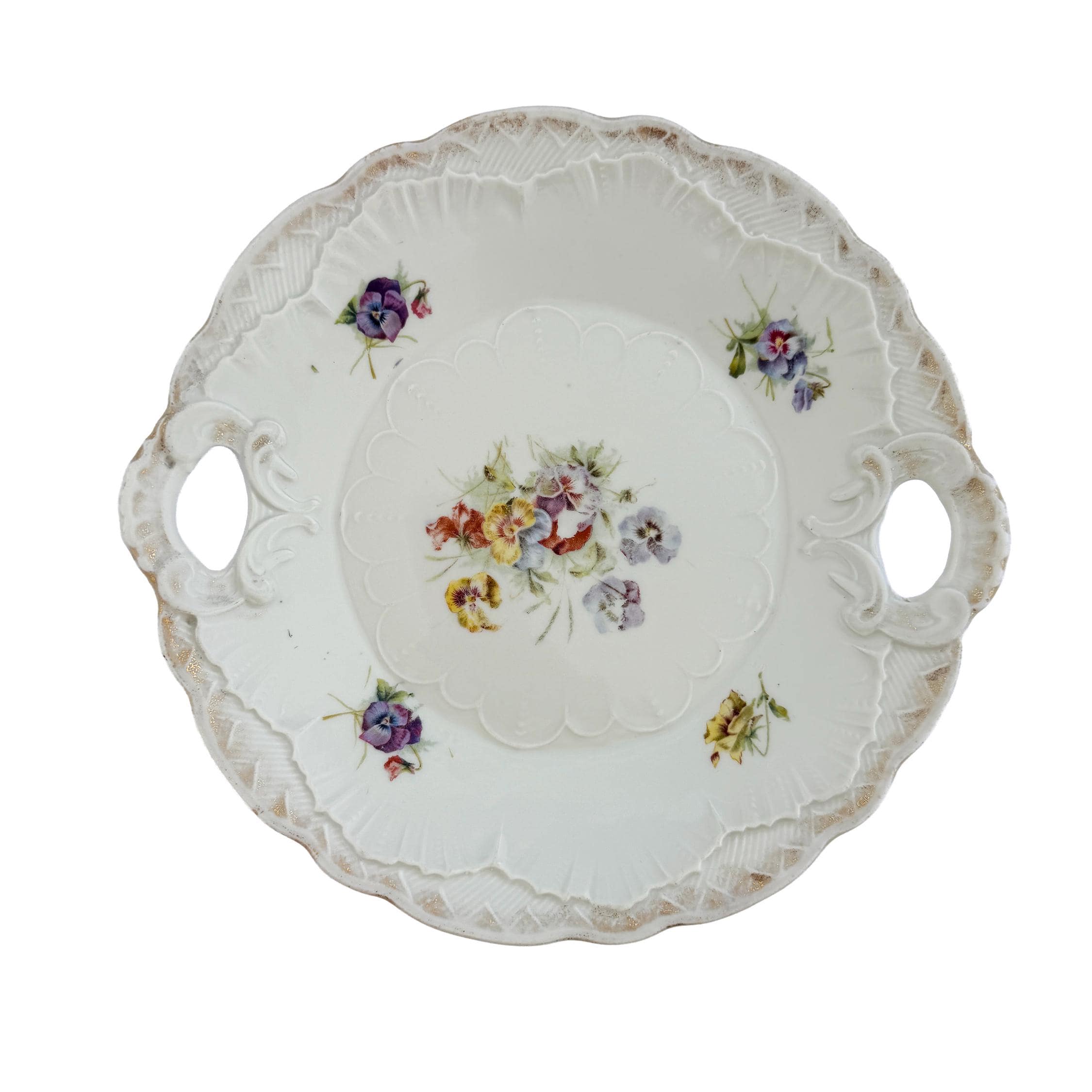 Antique White Floral Porcelain Handled Cake Plate 9" | Early 20th Century | Cottagecore Decor