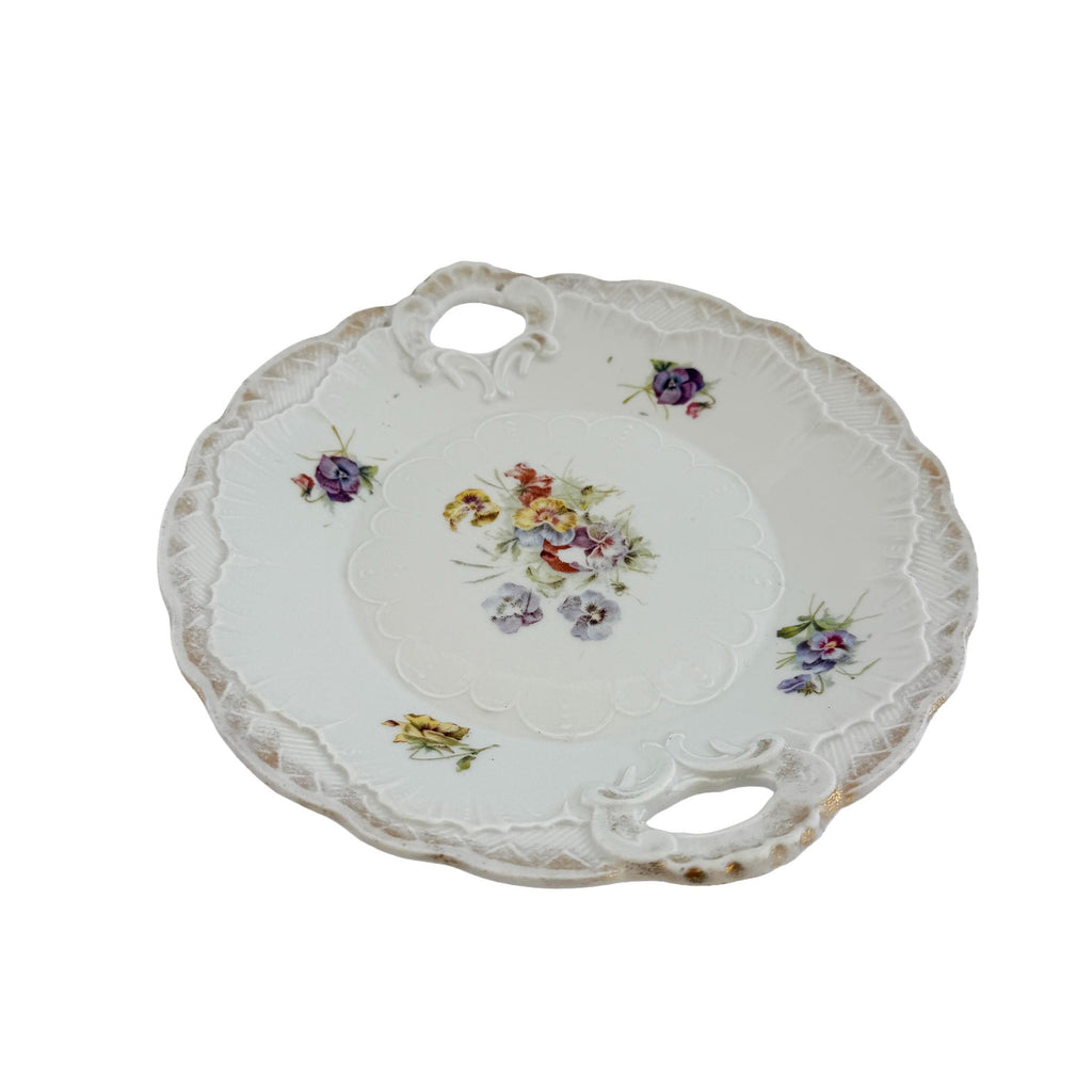 Antique White Floral Porcelain Handled Cake Plate 9" | Early 20th Century | Cottagecore Decor