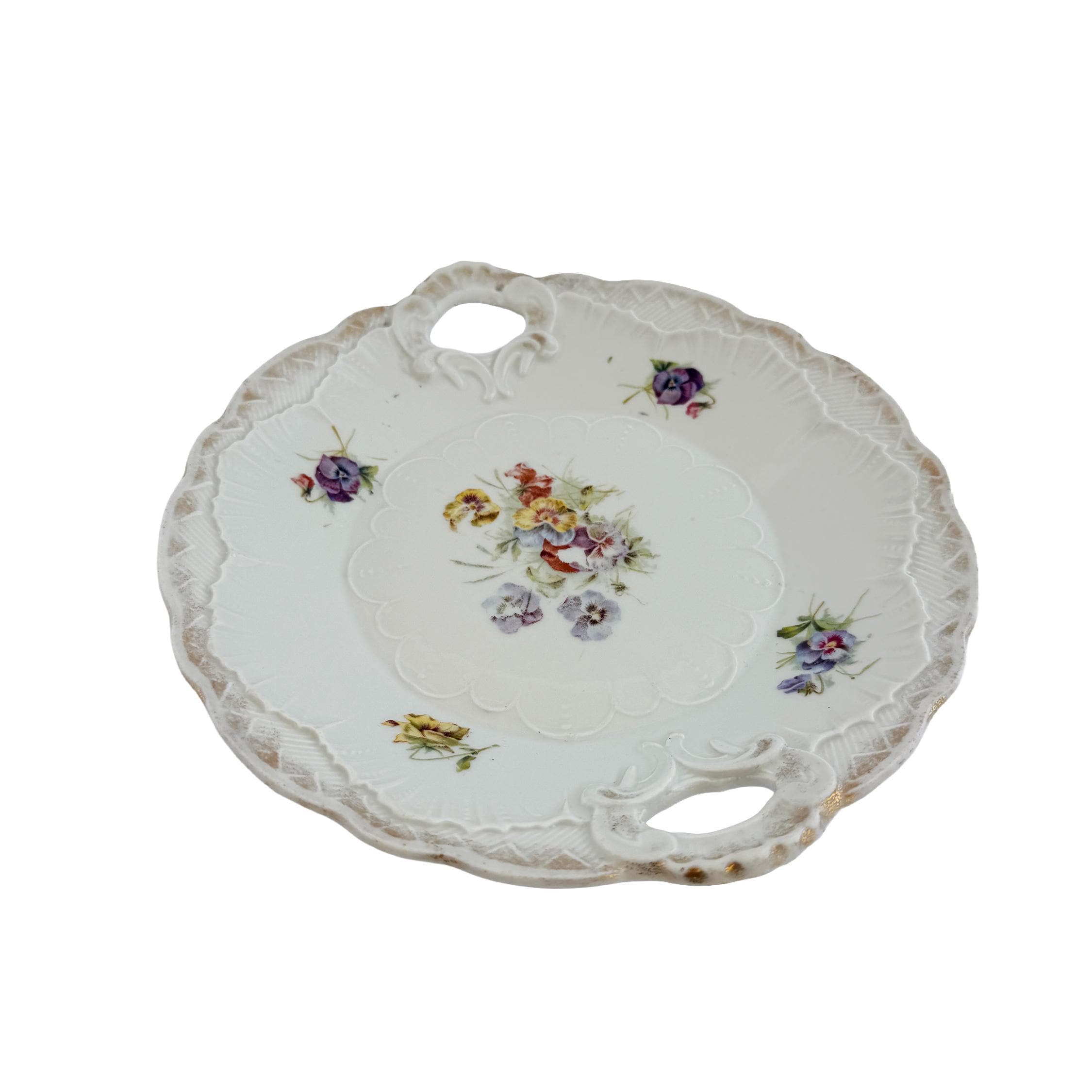 Antique White Floral Porcelain Handled Cake Plate 9" | Early 20th Century | Cottagecore Decor