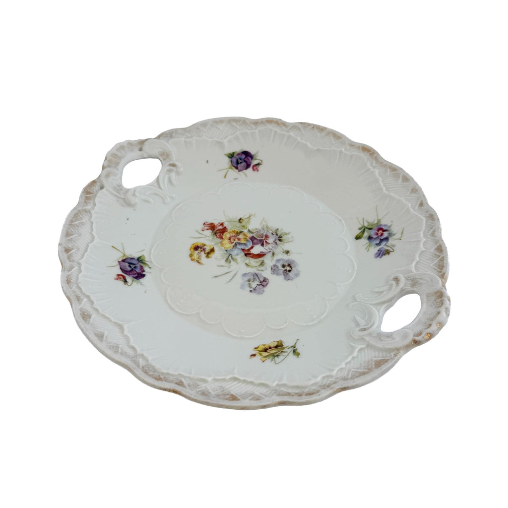 Antique White Floral Porcelain Handled Cake Plate 9" | Early 20th Century | Cottagecore Decor
