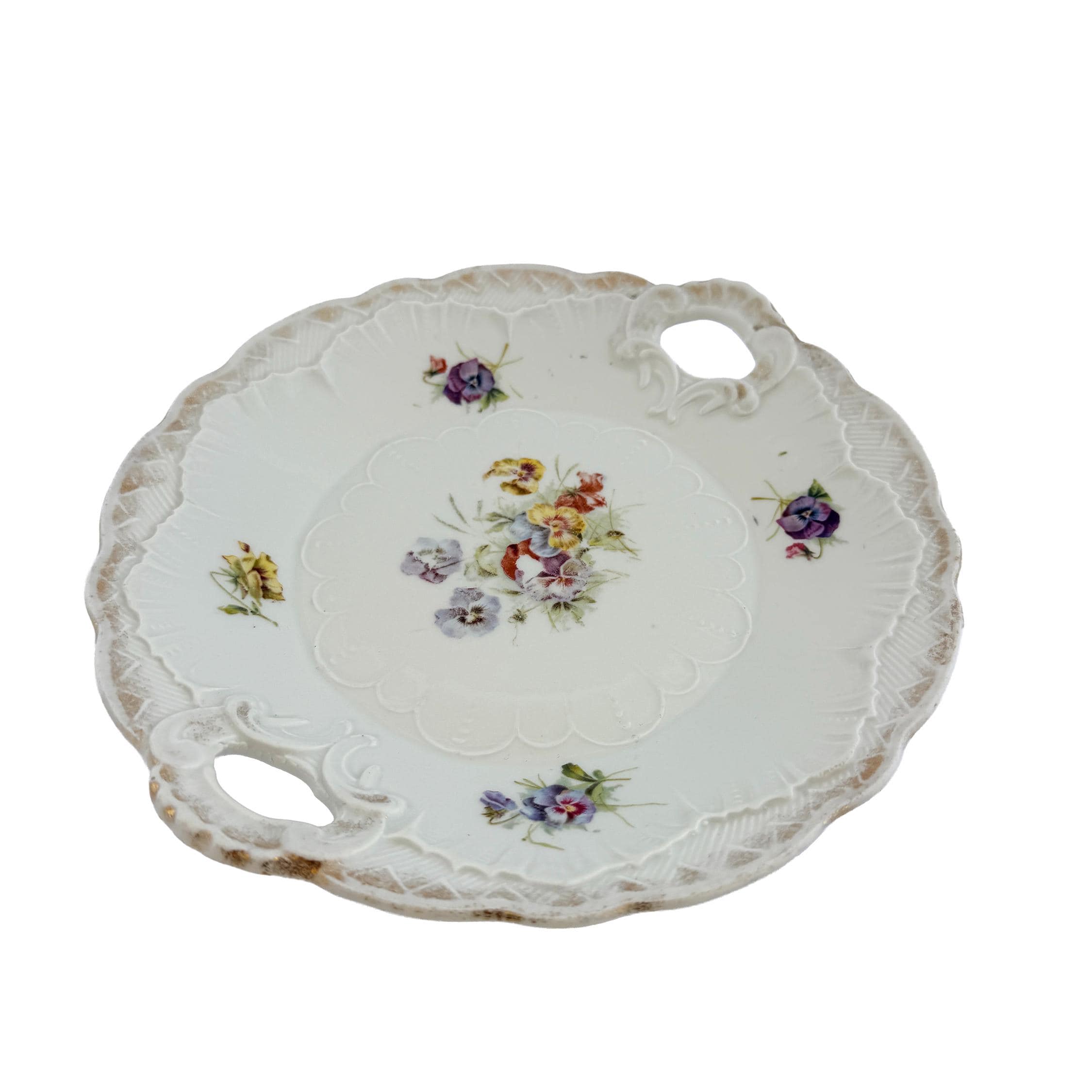 Antique White Floral Porcelain Handled Cake Plate 9" | Early 20th Century | Cottagecore Decor