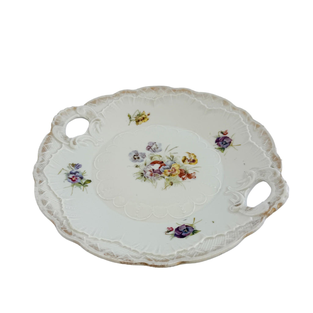 Antique White Floral Porcelain Handled Cake Plate 9" | Early 20th Century | Cottagecore Decor