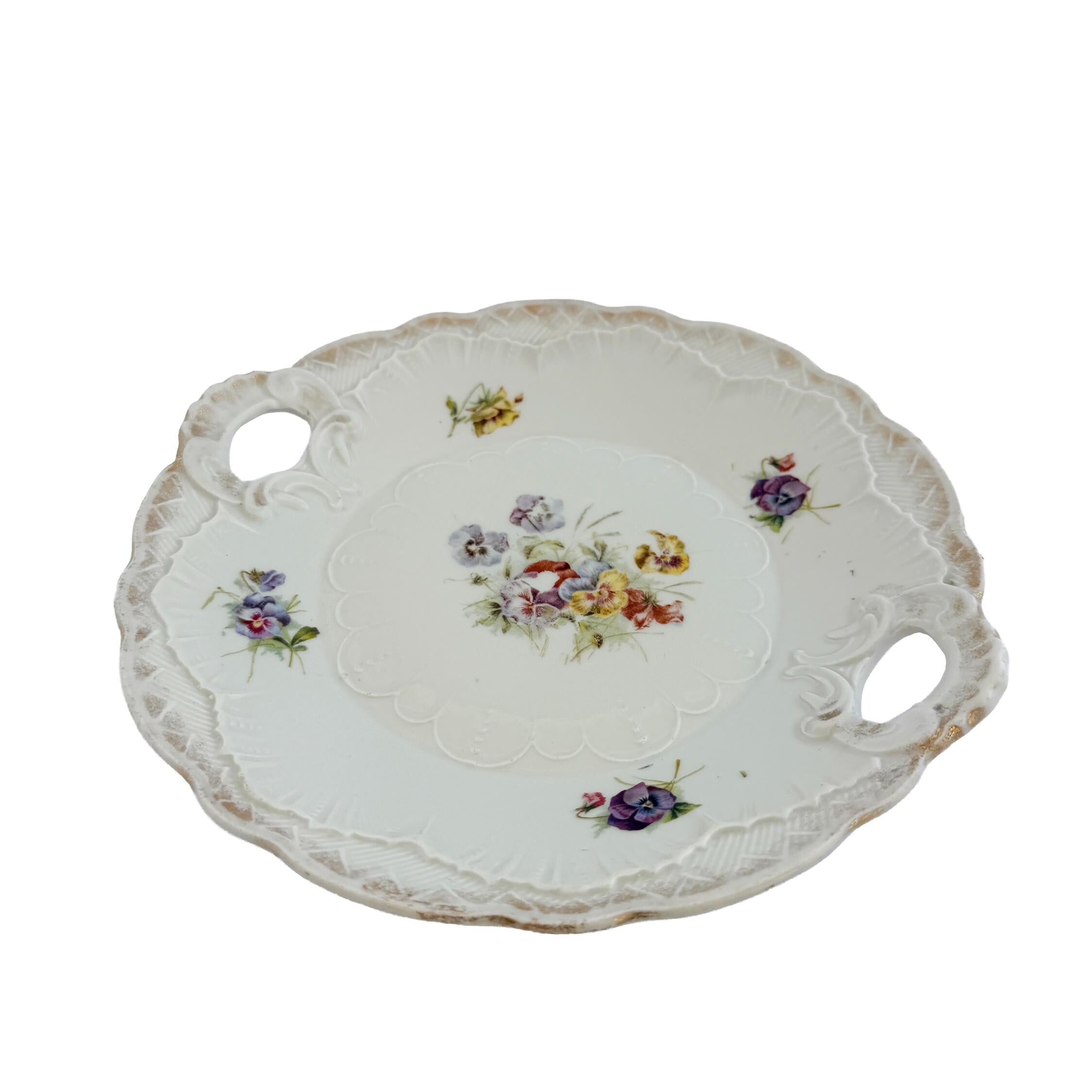 Antique White Floral Porcelain Handled Cake Plate 9" | Early 20th Century | Cottagecore Decor