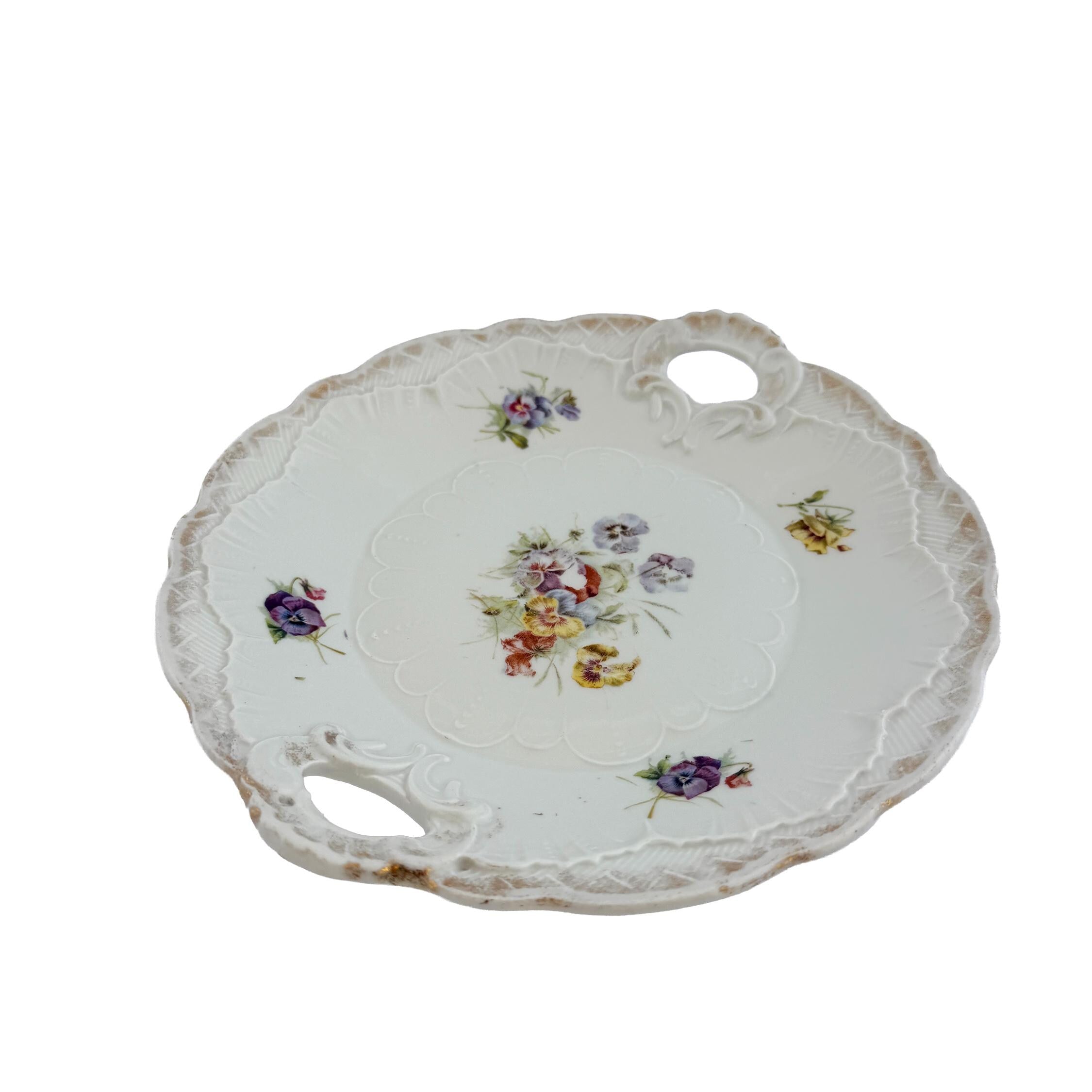 Antique White Floral Porcelain Handled Cake Plate 9" | Early 20th Century | Cottagecore Decor