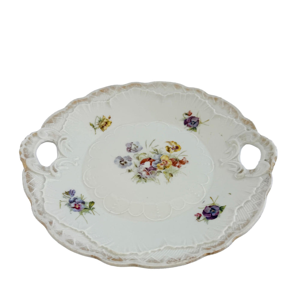 Antique White Floral Porcelain Handled Cake Plate 9" | Early 20th Century | Cottagecore Decor
