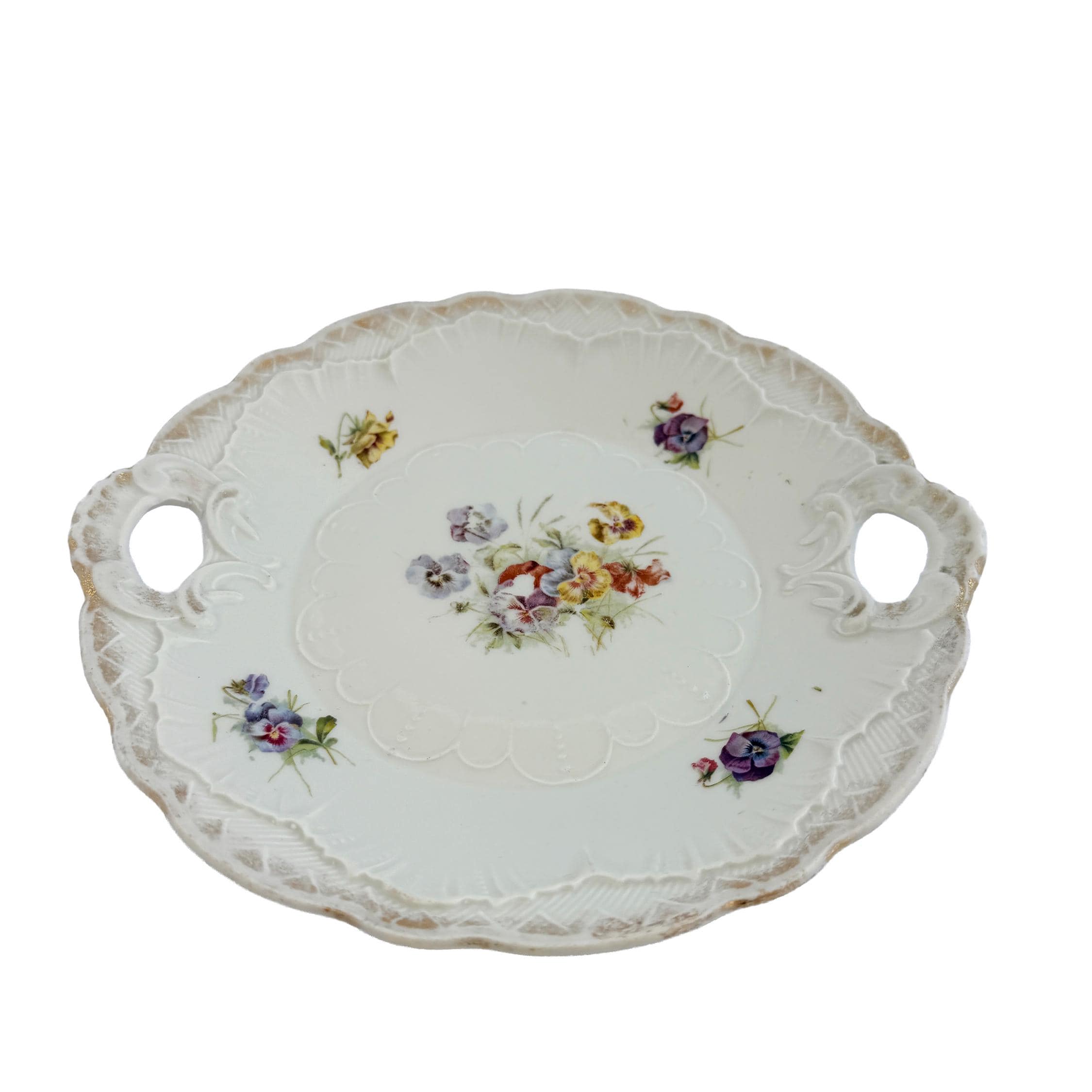 Antique White Floral Porcelain Handled Cake Plate 9" | Early 20th Century | Cottagecore Decor