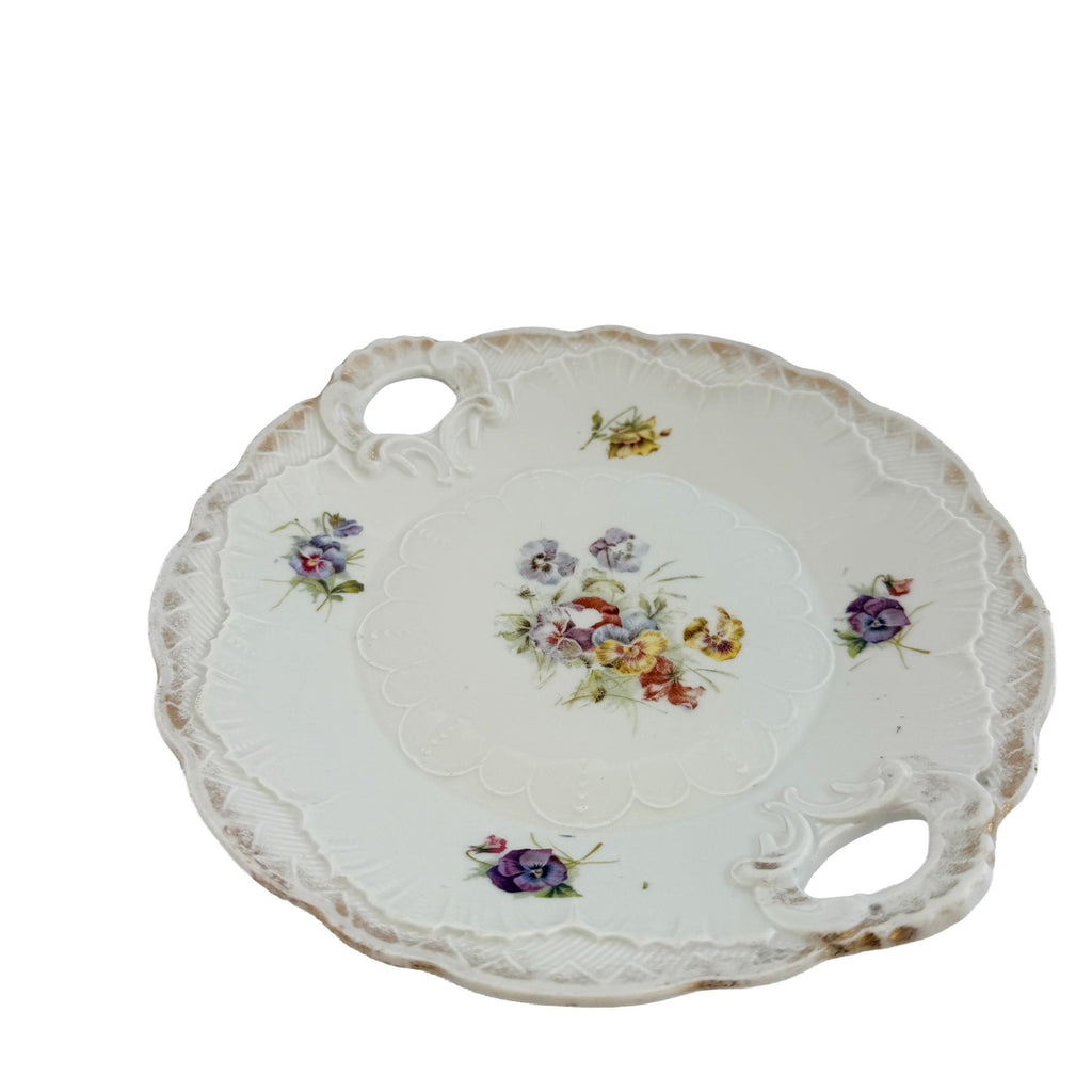 Antique White Floral Porcelain Handled Cake Plate 9" | Early 20th Century | Cottagecore Decor