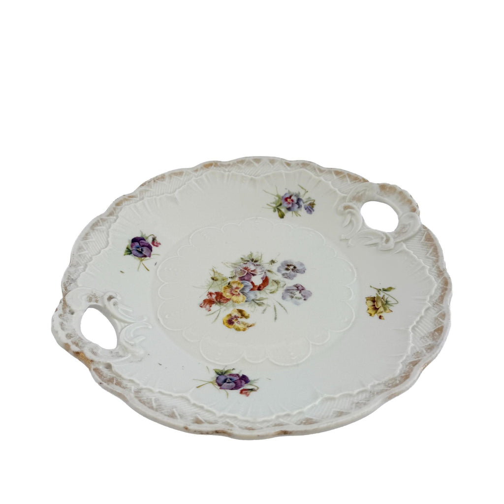Antique White Floral Porcelain Handled Cake Plate 9" | Early 20th Century | Cottagecore Decor