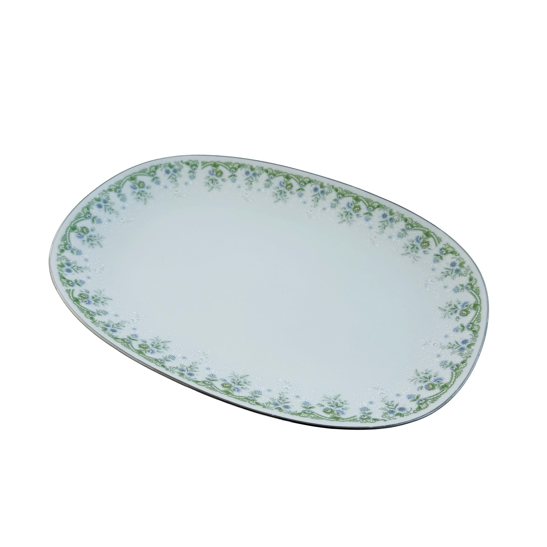 Vintage Noritake Dee Platter: Blue Green Floral Fine China Serving Dish (13"x9")