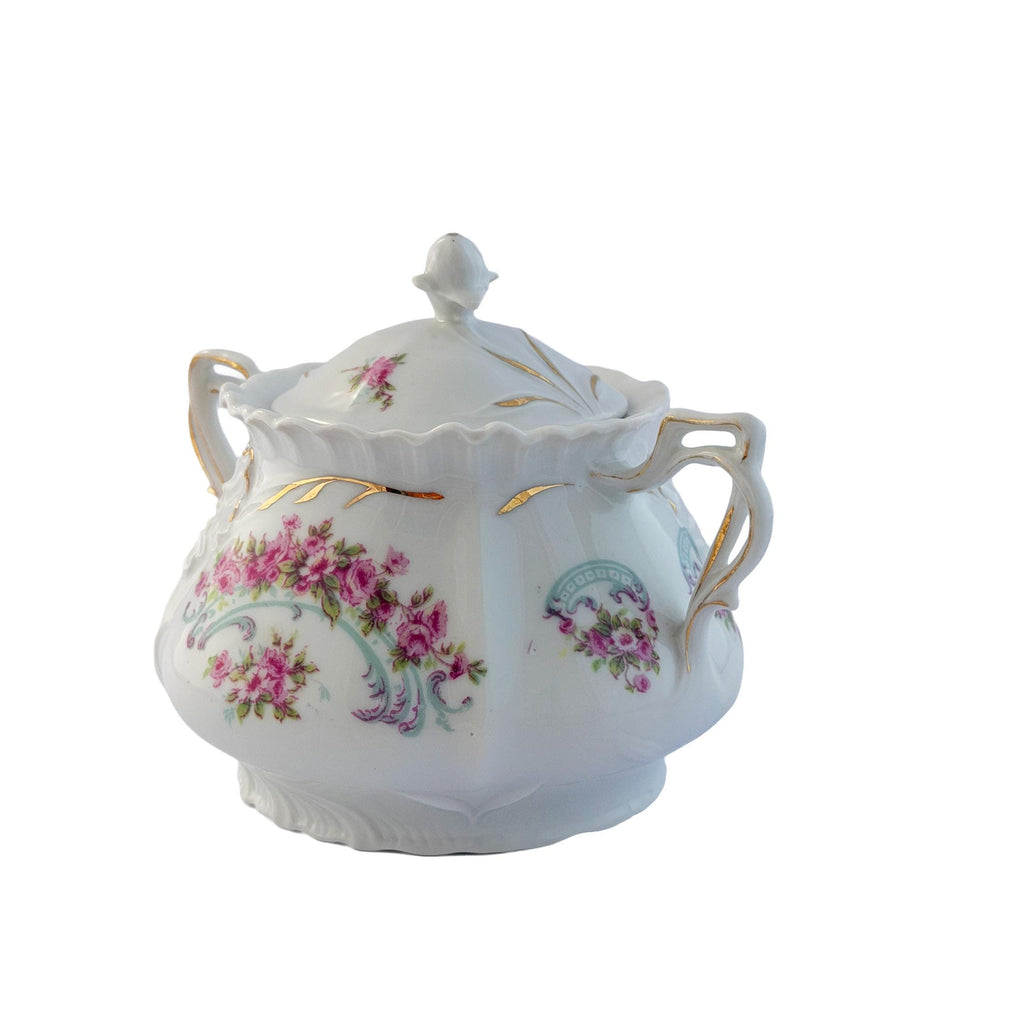 Early 20th Century Pink Rose Porcelain Lidded Sugar Bowl with Gold Trim