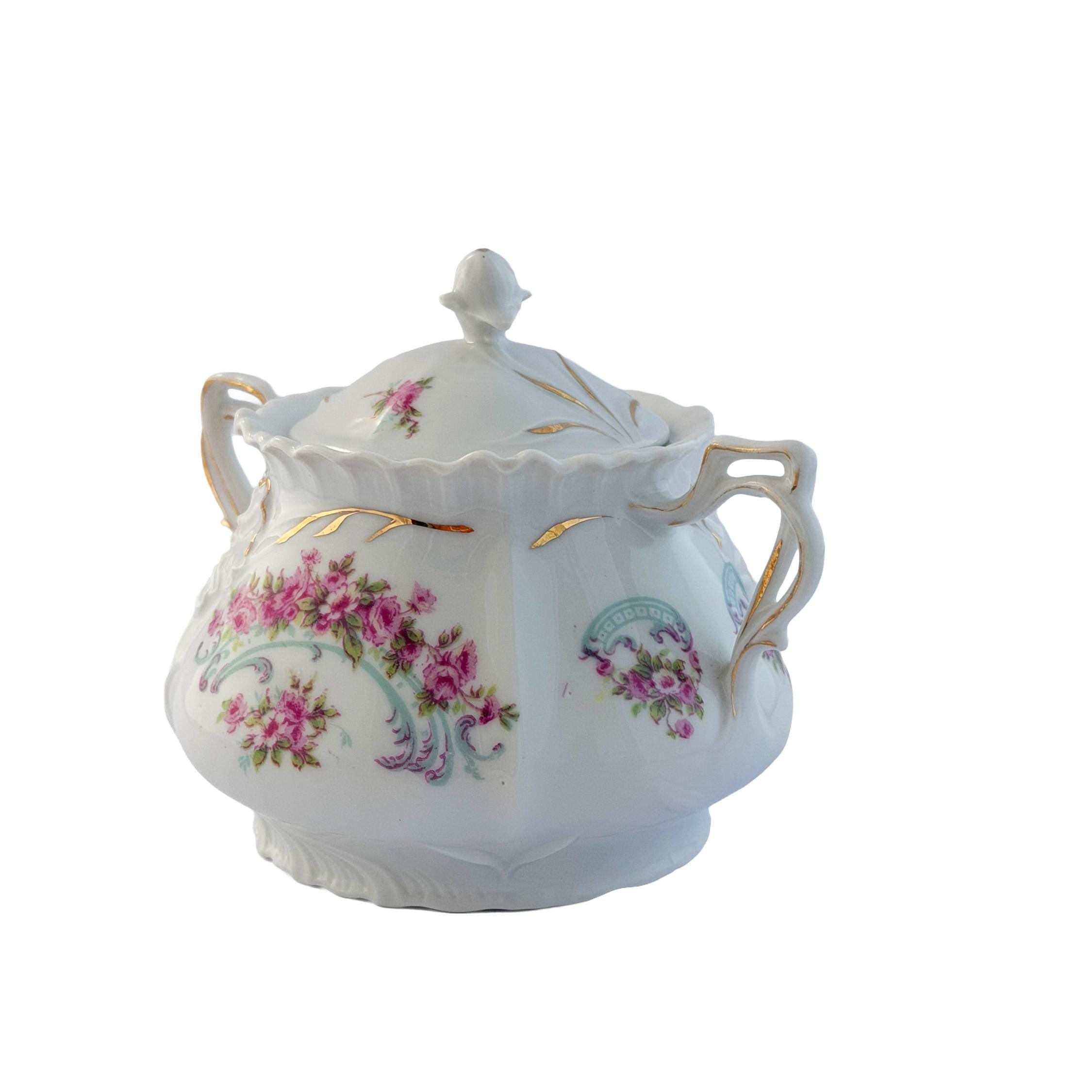 Early 20th Century Pink Rose Porcelain Lidded Sugar Bowl with Gold Trim