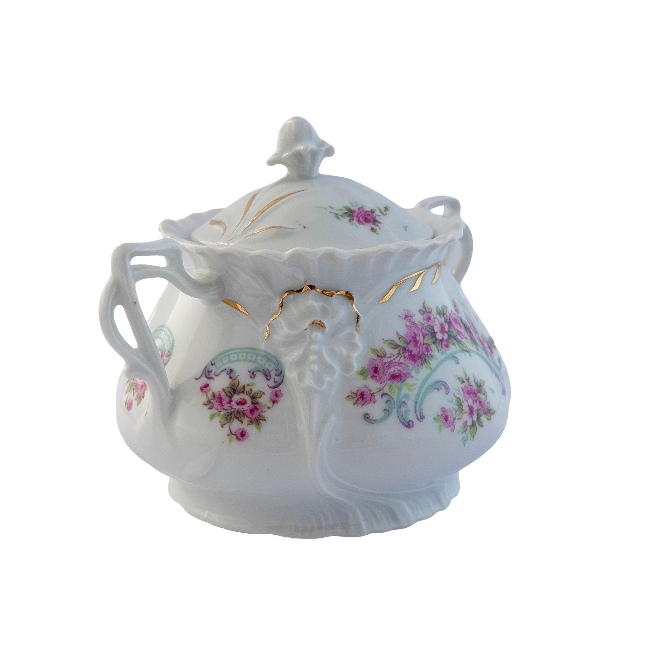 Early 20th Century Pink Rose Porcelain Lidded Sugar Bowl with Gold Trim