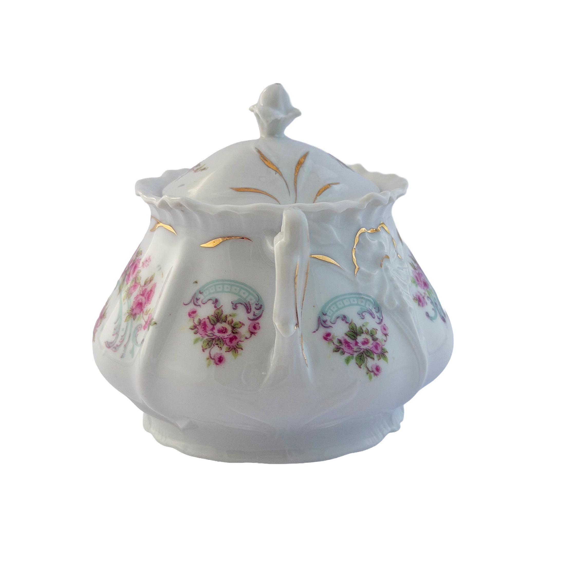 Early 20th Century Pink Rose Porcelain Lidded Sugar Bowl with Gold Trim