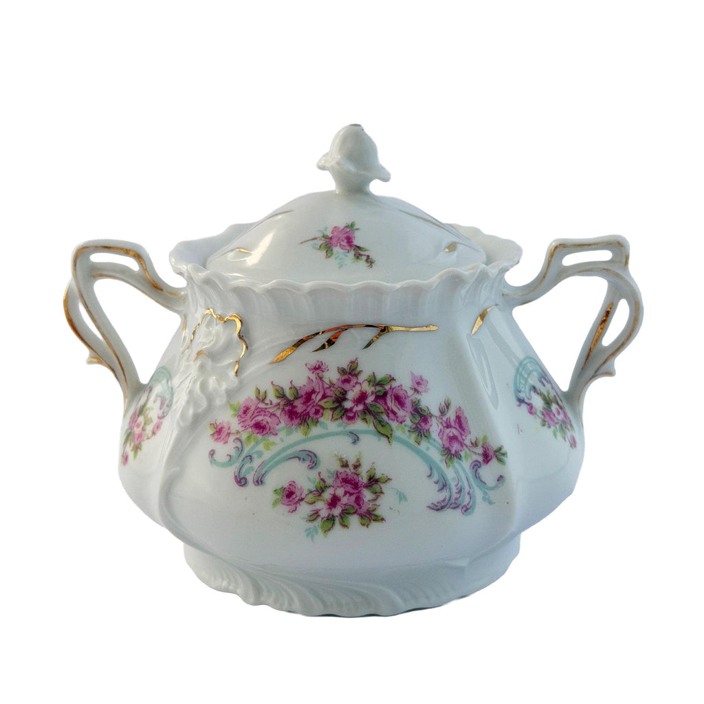 Early 20th Century Pink Rose Porcelain Lidded Sugar Bowl with Gold Trim