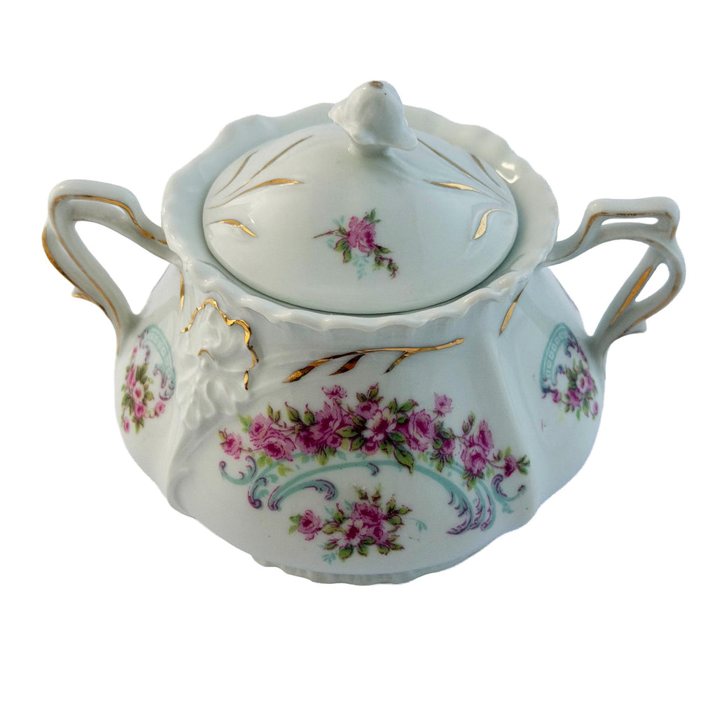 Early 20th Century Pink Rose Porcelain Lidded Sugar Bowl with Gold Trim