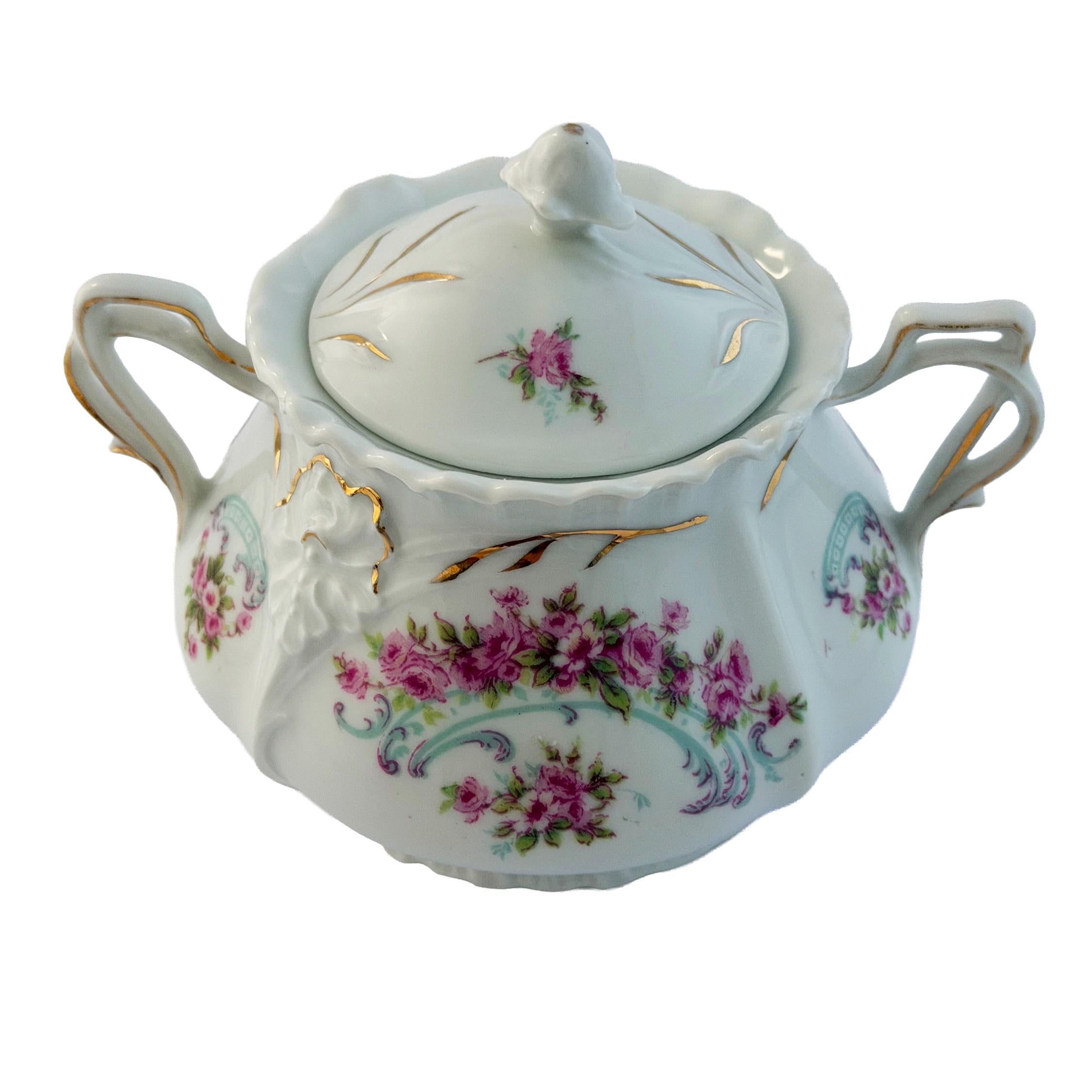 Early 20th Century Pink Rose Porcelain Lidded Sugar Bowl with Gold Trim