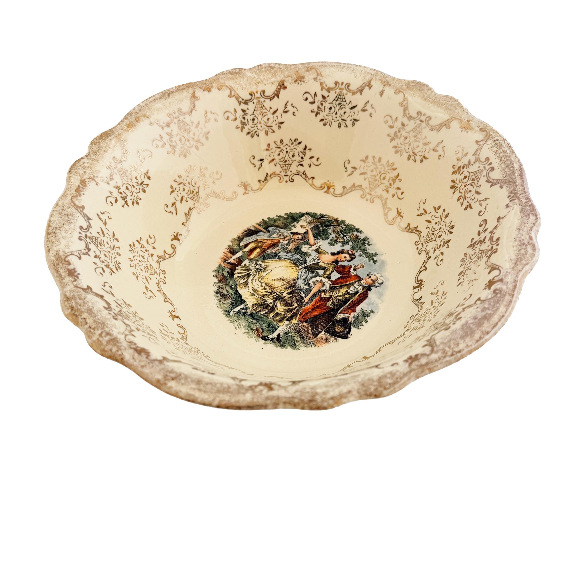 Homer Laughlin Virginia Rose Serving Bowl: 1945 Colonial Couple, 22 KT Gold Trim