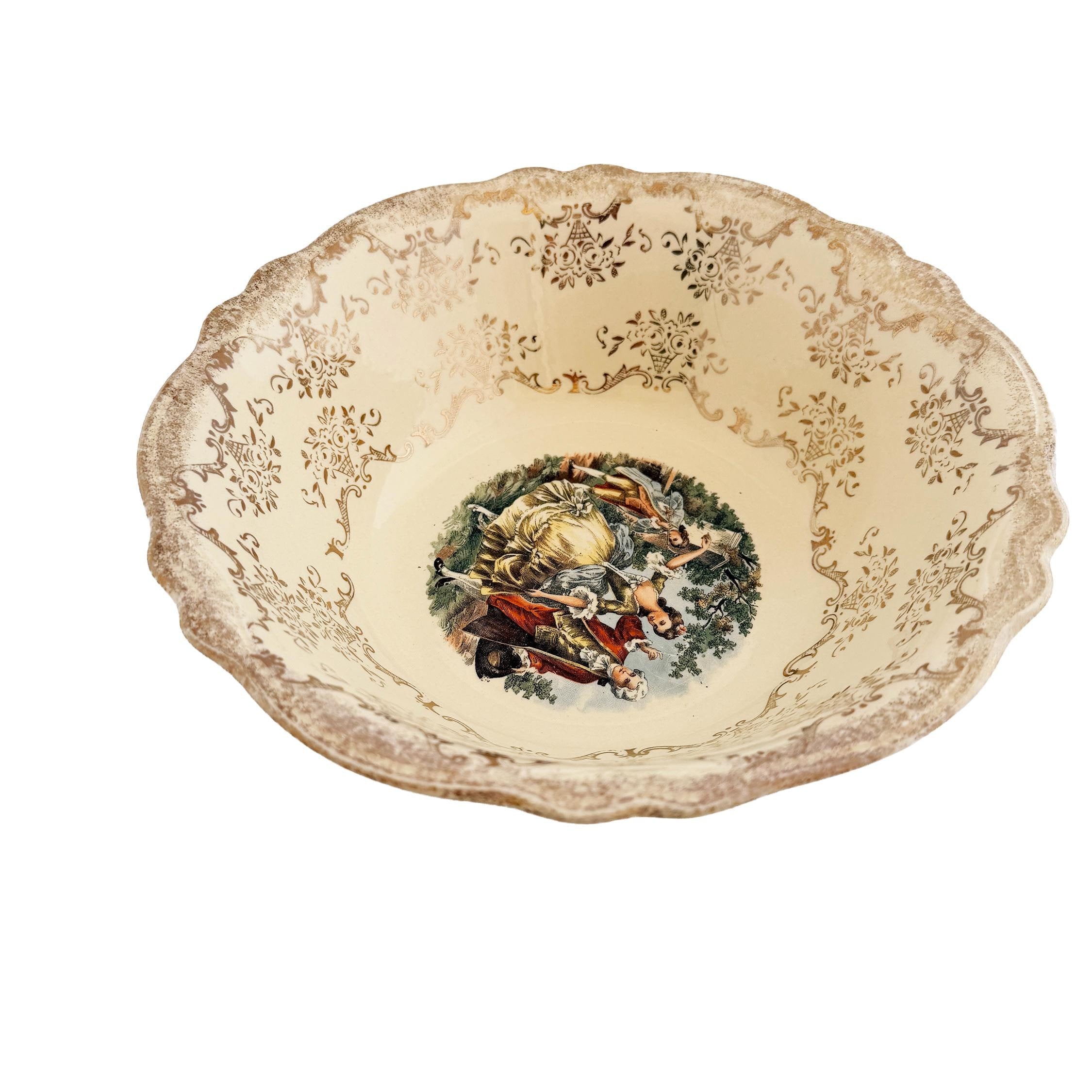 Homer Laughlin Virginia Rose Serving Bowl: 1945 Colonial Couple, 22 KT Gold Trim