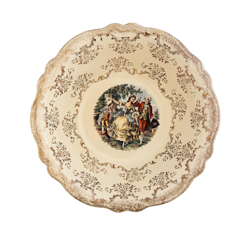 Homer Laughlin Virginia Rose Serving Bowl: 1945 Colonial Couple, 22 KT Gold Trim