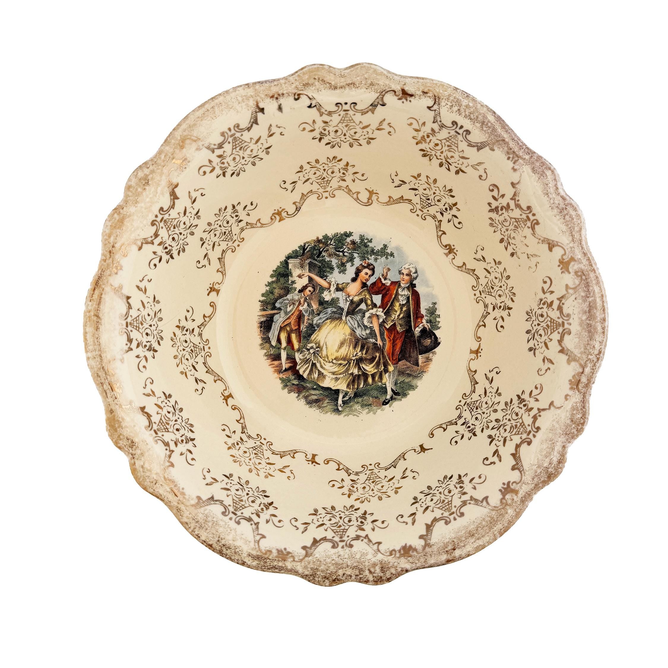 Homer Laughlin Virginia Rose Serving Bowl: 1945 Colonial Couple, 22 KT Gold Trim