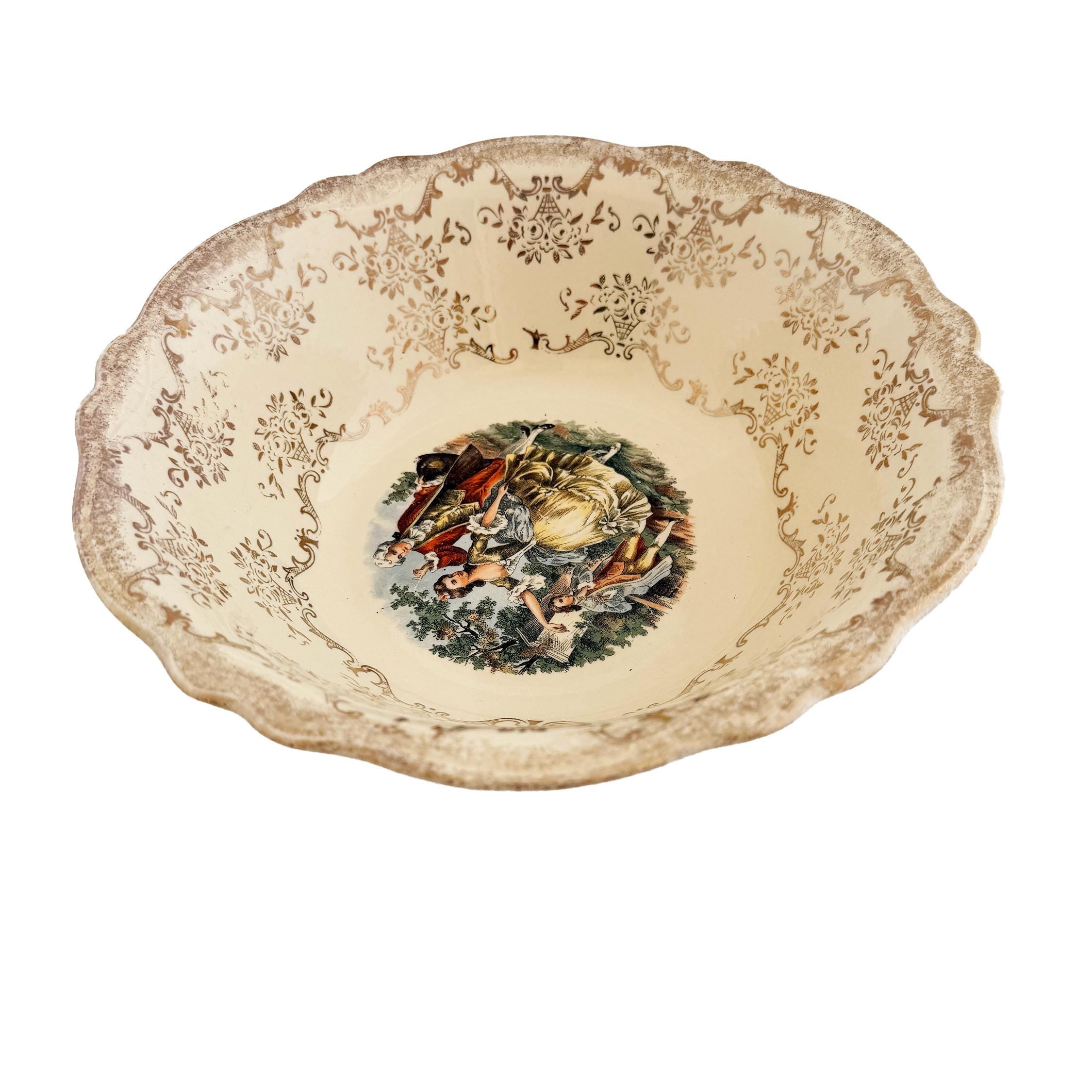 Homer Laughlin Virginia Rose Serving Bowl: 1945 Colonial Couple, 22 KT Gold Trim
