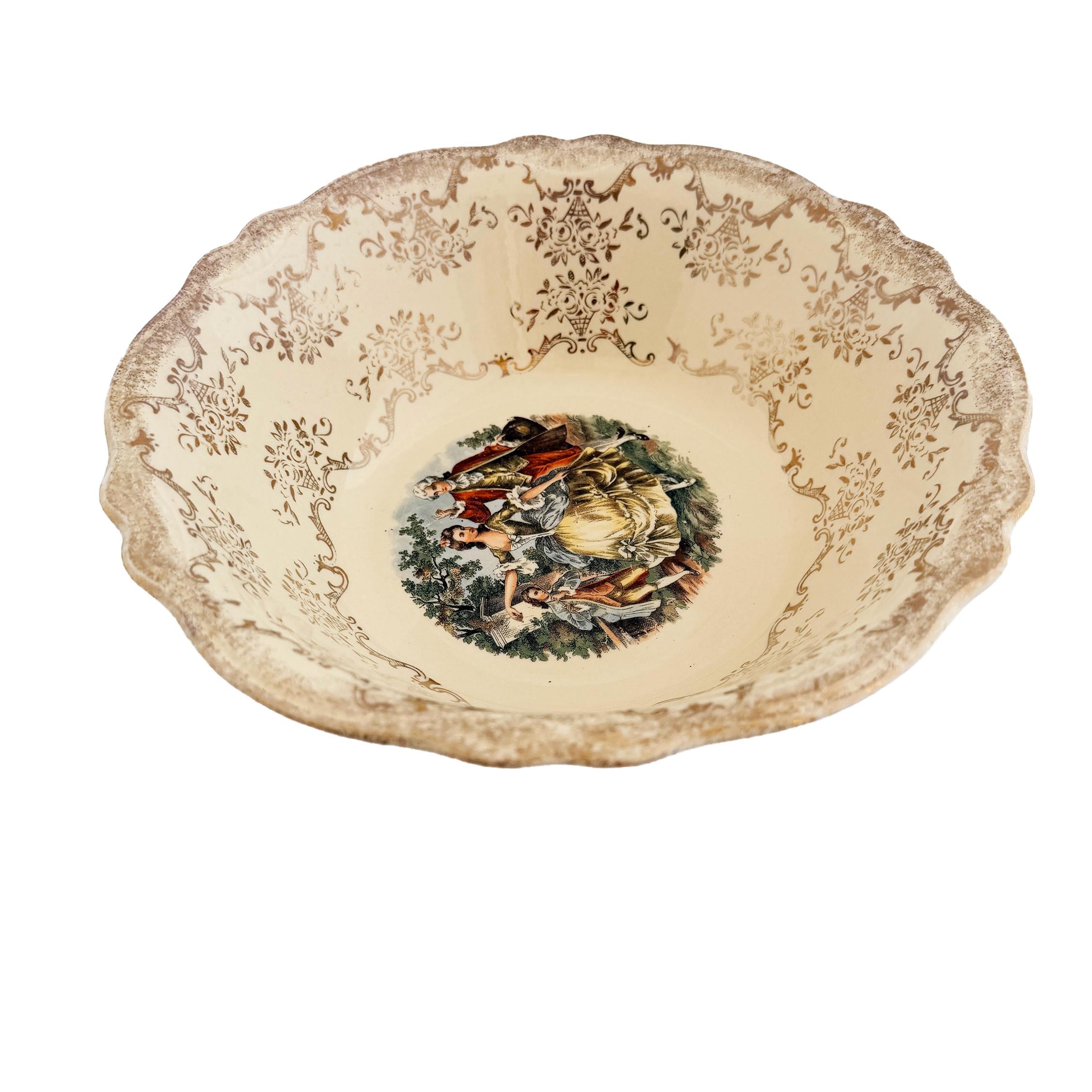 Homer Laughlin Virginia Rose Serving Bowl: 1945 Colonial Couple, 22 KT Gold Trim